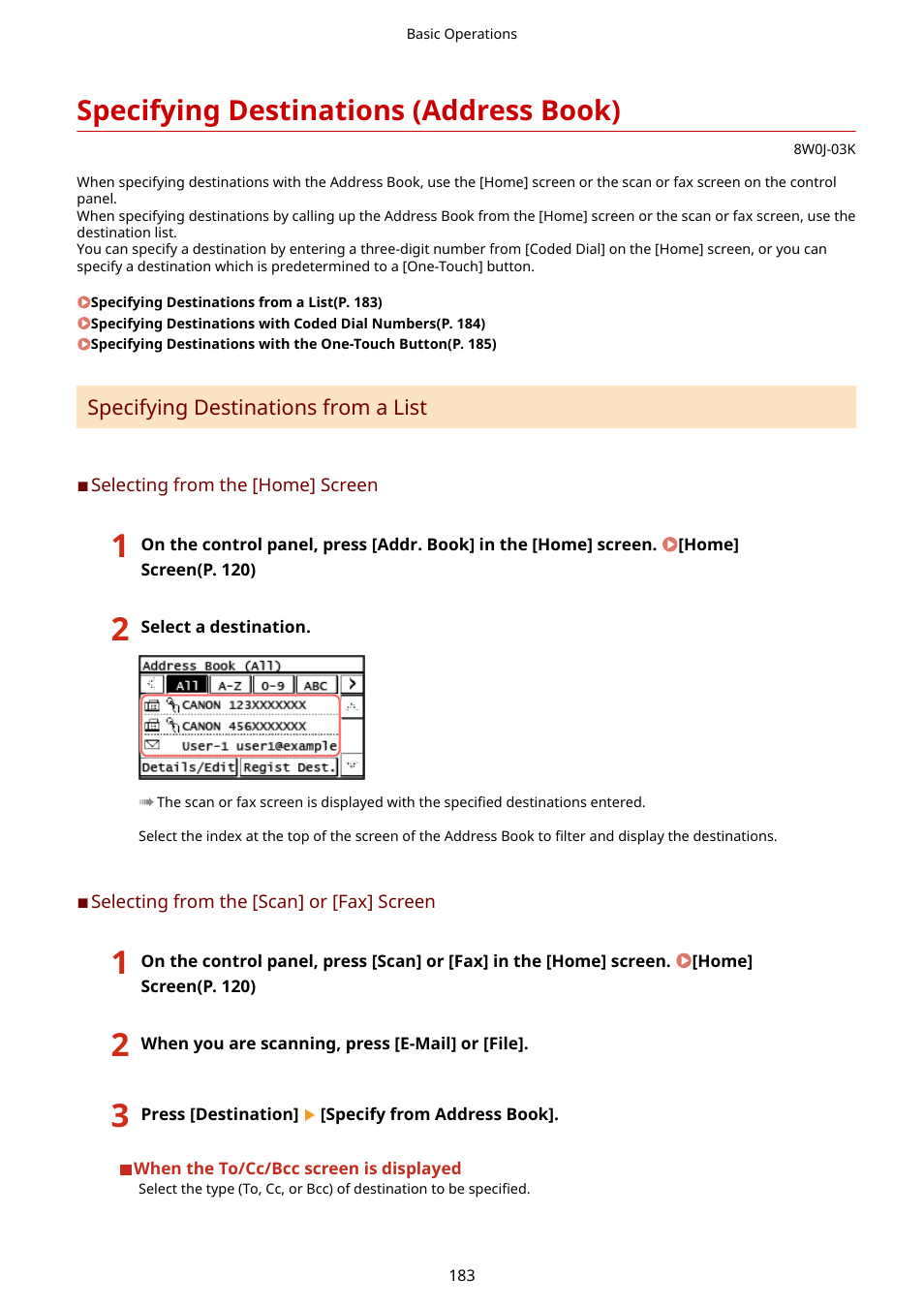 Specifying destinations (address book), Specifying destinations (address book)(p. 183) | Canon imageCLASS MF264dw II Multifunction Monochrome Laser Printer User Manual | Page 192 / 700