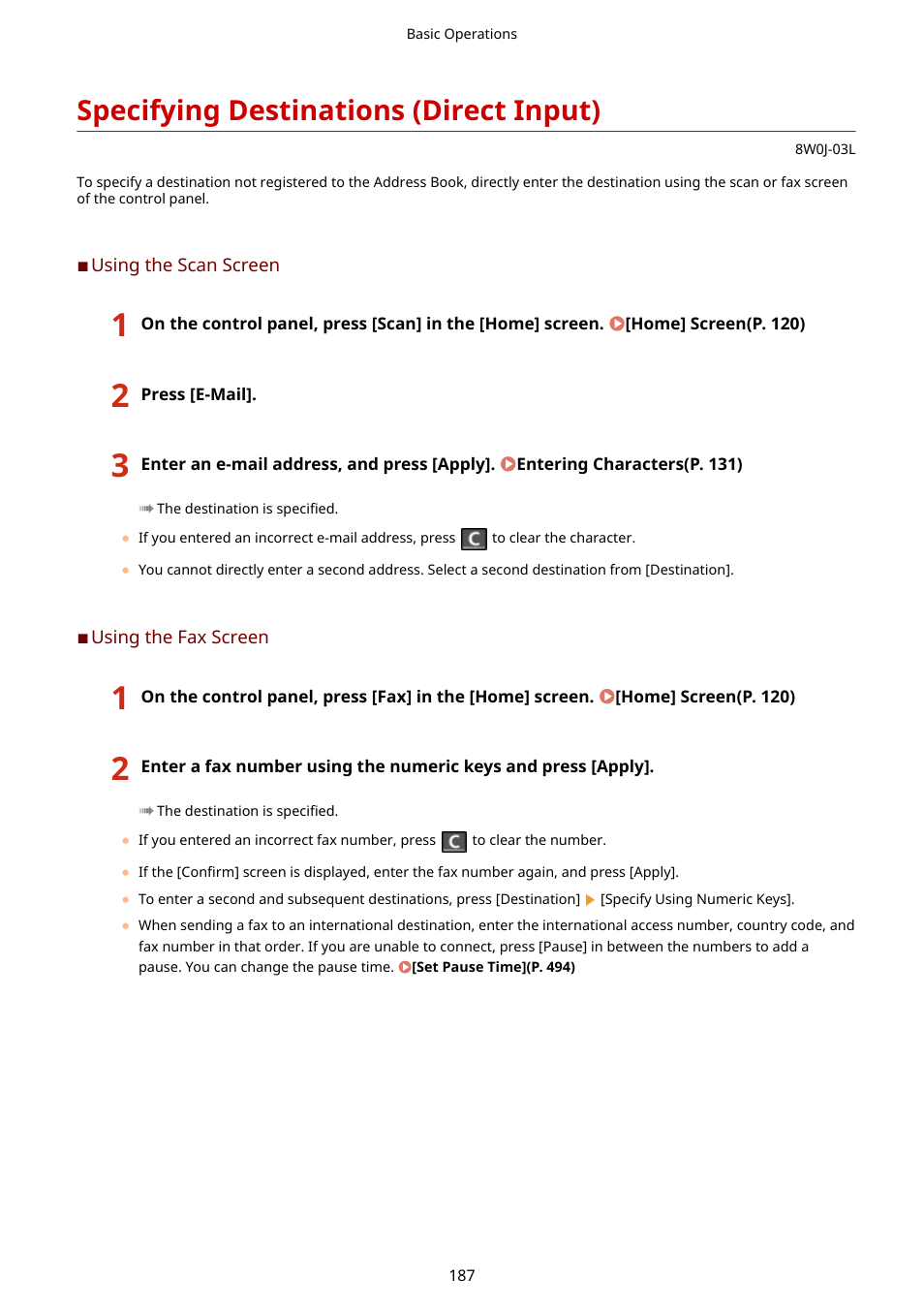 Specifying destinations (direct input), Specifying destinations (direct input)(p. 187) | Canon imageCLASS MF264dw II Multifunction Monochrome Laser Printer User Manual | Page 196 / 700