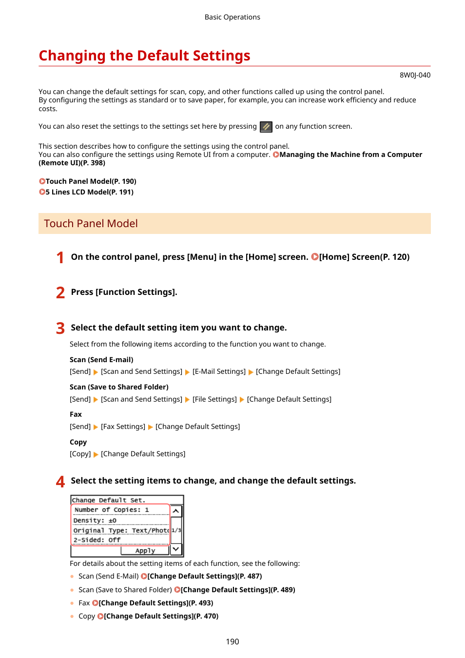 Changing the default settings, Changing the default settings(p. 190), Touch panel model | Canon imageCLASS MF264dw II Multifunction Monochrome Laser Printer User Manual | Page 199 / 700