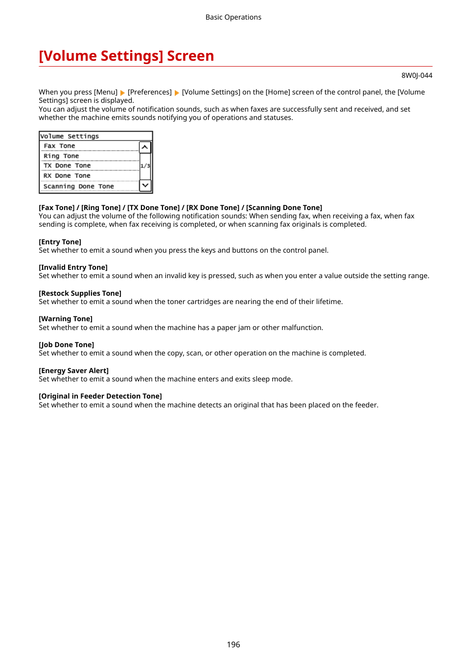Volume settings] screen, Volume settings] screen(p. 196) | Canon imageCLASS MF264dw II Multifunction Monochrome Laser Printer User Manual | Page 205 / 700