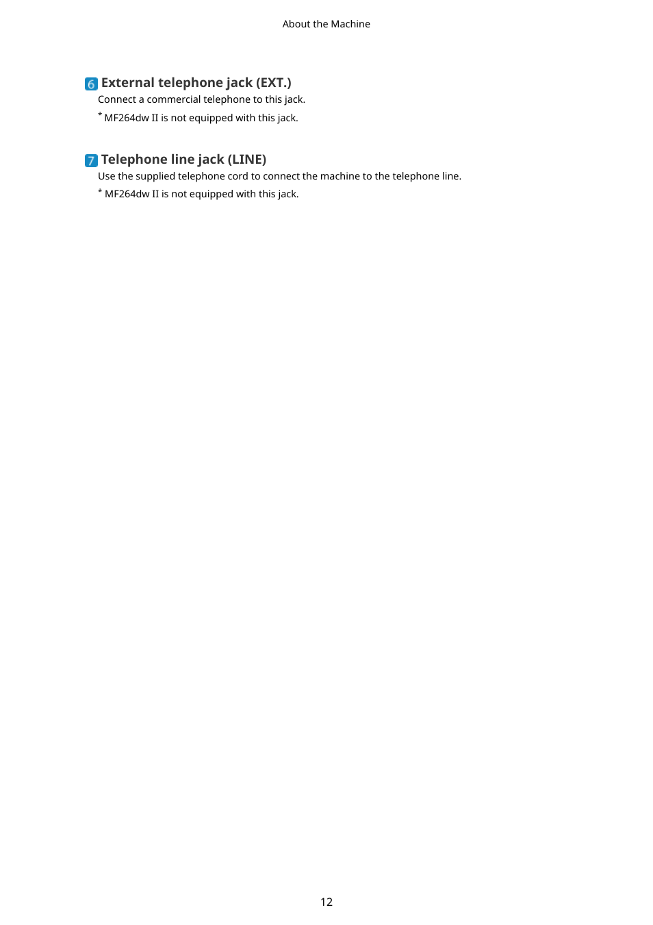 External telephone jack (ext.), Telephone line jack (line) | Canon imageCLASS MF264dw II Multifunction Monochrome Laser Printer User Manual | Page 21 / 700