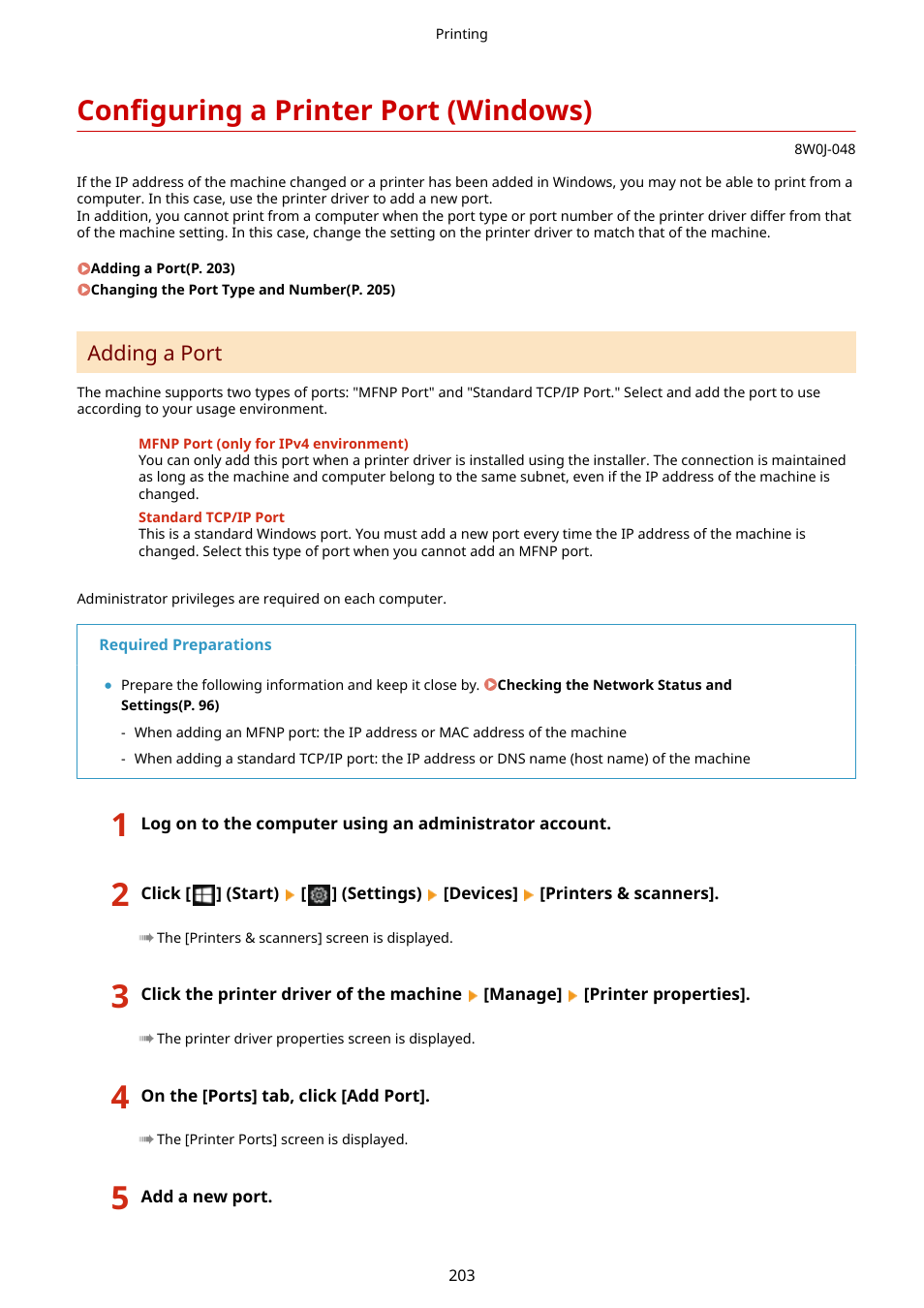 Configuring a printer port (windows), Configuring a printer port (windows)(p. 203), Adding a port(p. 203) | Canon imageCLASS MF264dw II Multifunction Monochrome Laser Printer User Manual | Page 212 / 700