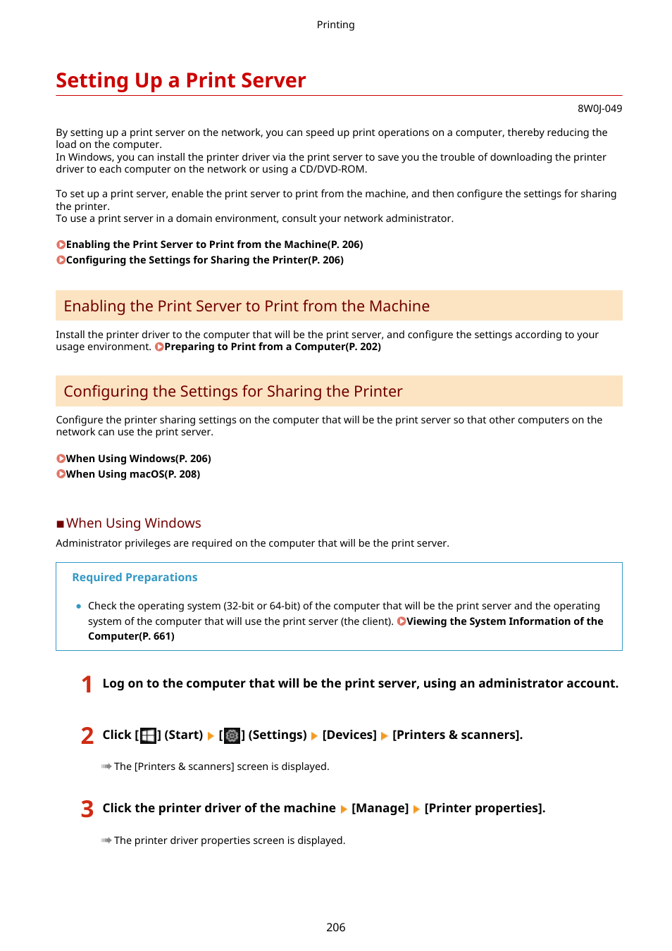 Setting up a print server, Setting up a print server(p. 206), Configuring the settings for sharing the printer | Canon imageCLASS MF264dw II Multifunction Monochrome Laser Printer User Manual | Page 215 / 700