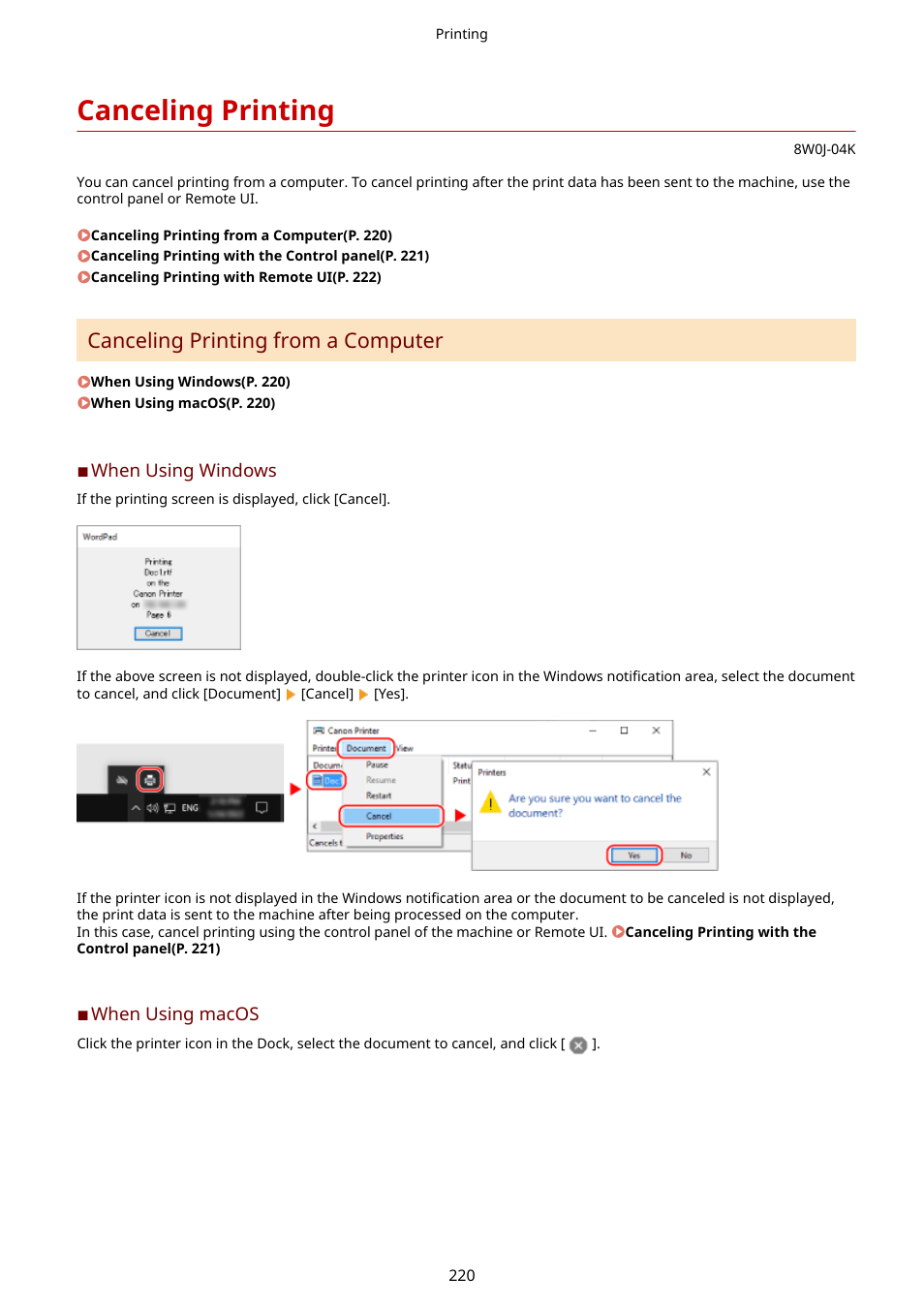 Canceling printing, Canceling printing from a computer | Canon imageCLASS MF264dw II Multifunction Monochrome Laser Printer User Manual | Page 229 / 700