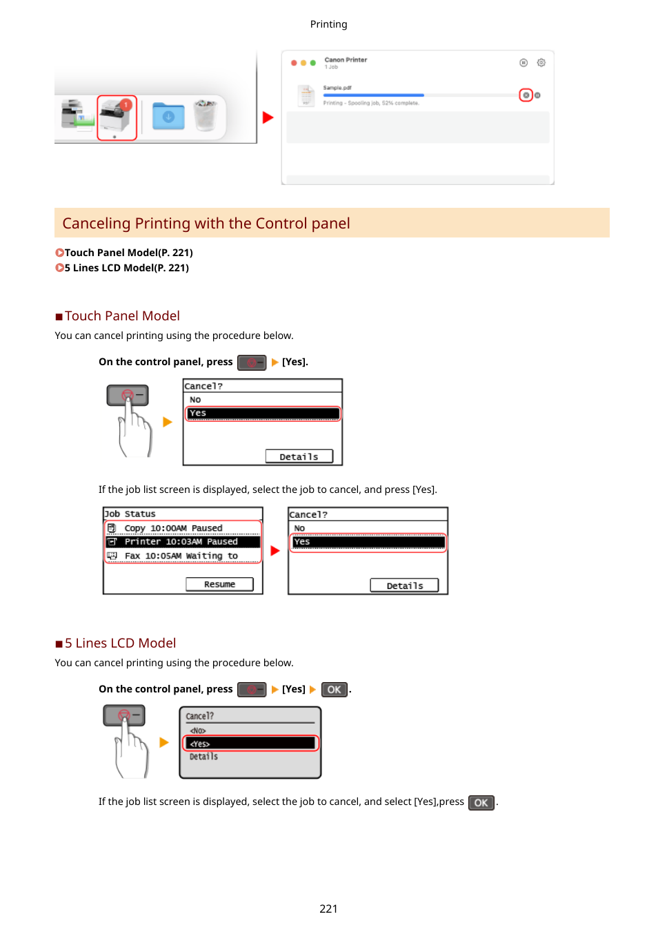 Canceling printing with the control panel(p. 221), Control panel(p. 221), Canceling printing with the control panel | Canon imageCLASS MF264dw II Multifunction Monochrome Laser Printer User Manual | Page 230 / 700