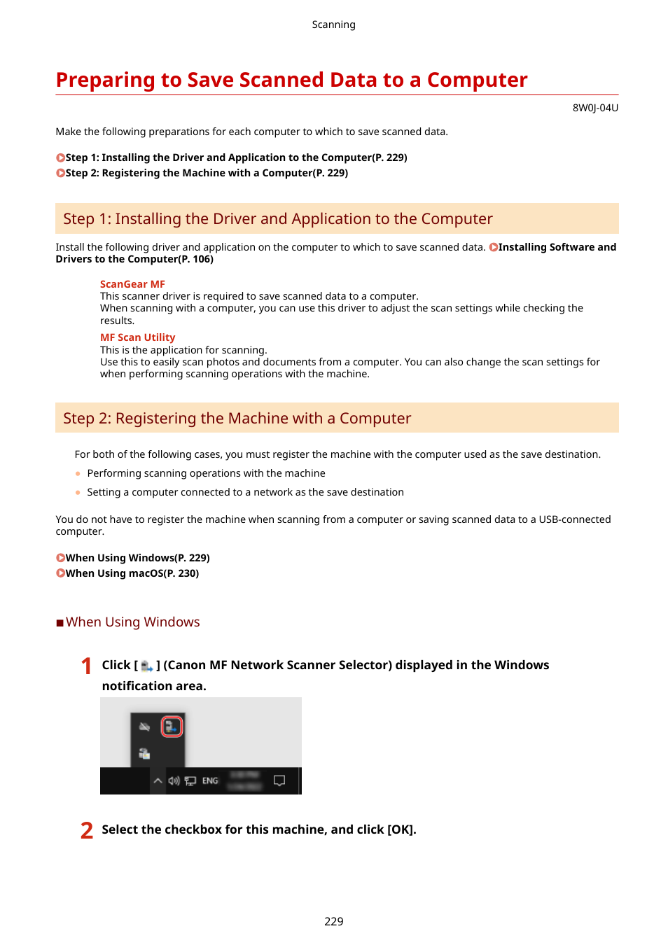 Preparing to save scanned data to a computer, Step 2: registering the machine with a computer | Canon imageCLASS MF264dw II Multifunction Monochrome Laser Printer User Manual | Page 238 / 700
