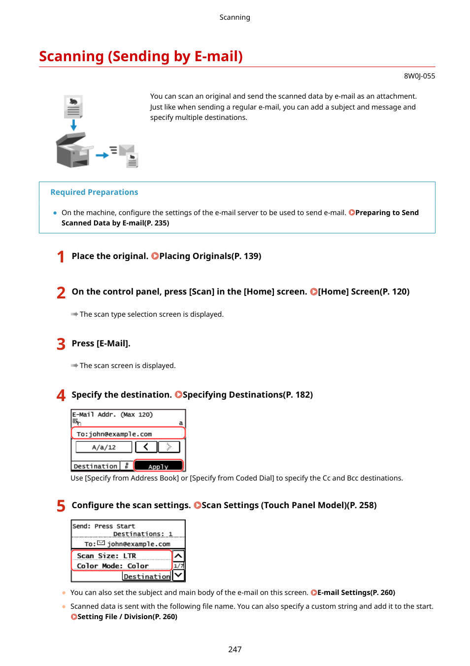 Scanning (sending by e-mail), Scanning (sending by e-mail)(p. 247) | Canon imageCLASS MF264dw II Multifunction Monochrome Laser Printer User Manual | Page 256 / 700
