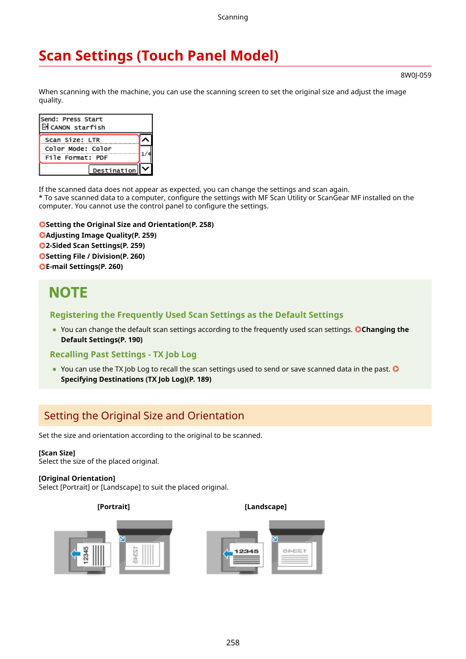 Scan settings (touch panel model), Scan settings (touch panel model)(p. 258), Setting the original size and orientation | Canon imageCLASS MF264dw II Multifunction Monochrome Laser Printer User Manual | Page 267 / 700