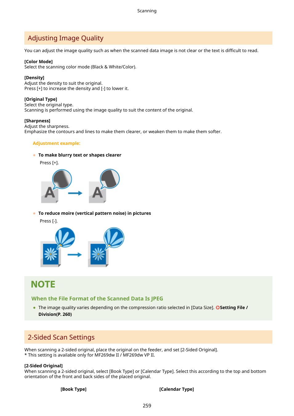 Adjusting image quality, Sided scan settings | Canon imageCLASS MF264dw II Multifunction Monochrome Laser Printer User Manual | Page 268 / 700