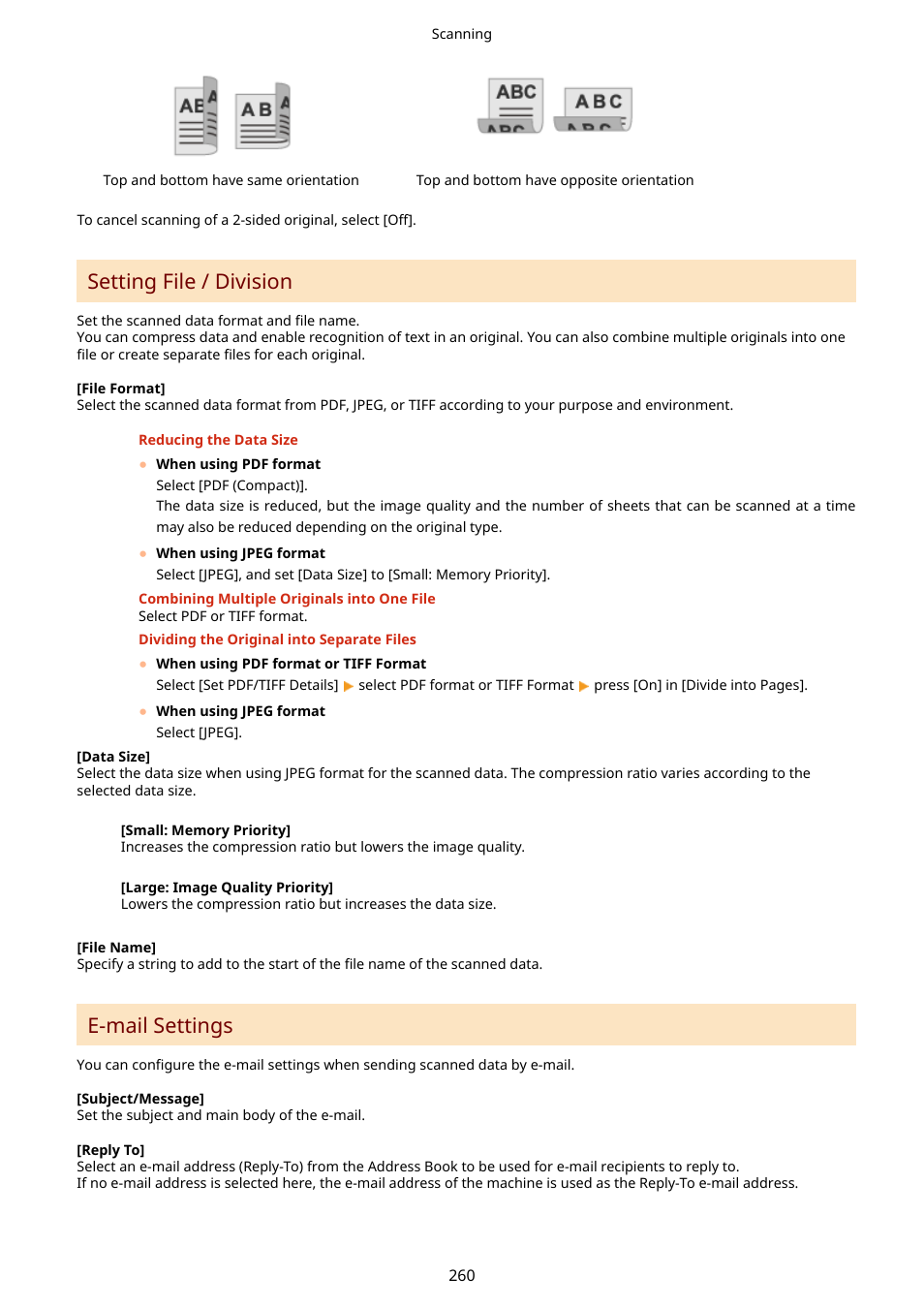 Een. e-mail settings(p. 260), Setting file / division(p. 260), Custom string to the start | Setting file / division, E-mail settings | Canon imageCLASS MF264dw II Multifunction Monochrome Laser Printer User Manual | Page 269 / 700