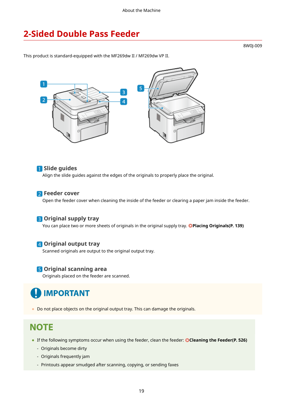 Sided double pass feeder, Sided double pass feeder(p. 19) | Canon imageCLASS MF264dw II Multifunction Monochrome Laser Printer User Manual | Page 28 / 700