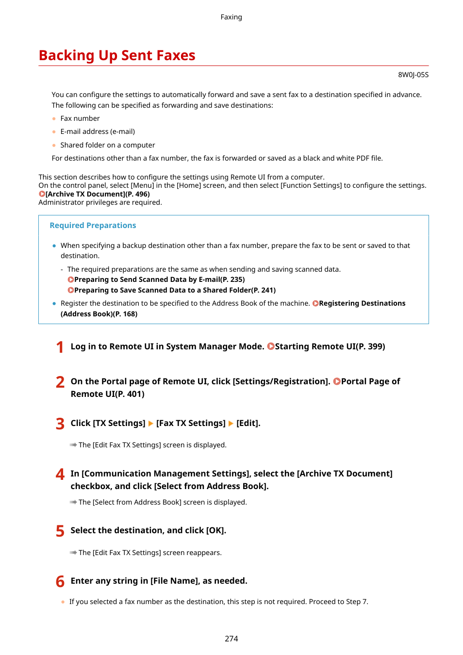 Backing up sent faxes, Backing up sent faxes(p. 274) | Canon imageCLASS MF264dw II Multifunction Monochrome Laser Printer User Manual | Page 283 / 700
