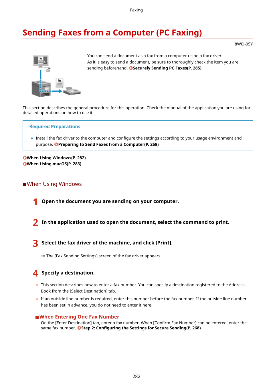 Sending faxes from a computer (pc faxing), Sending faxes from a computer (pc faxing)(p. 282) | Canon imageCLASS MF264dw II Multifunction Monochrome Laser Printer User Manual | Page 291 / 700