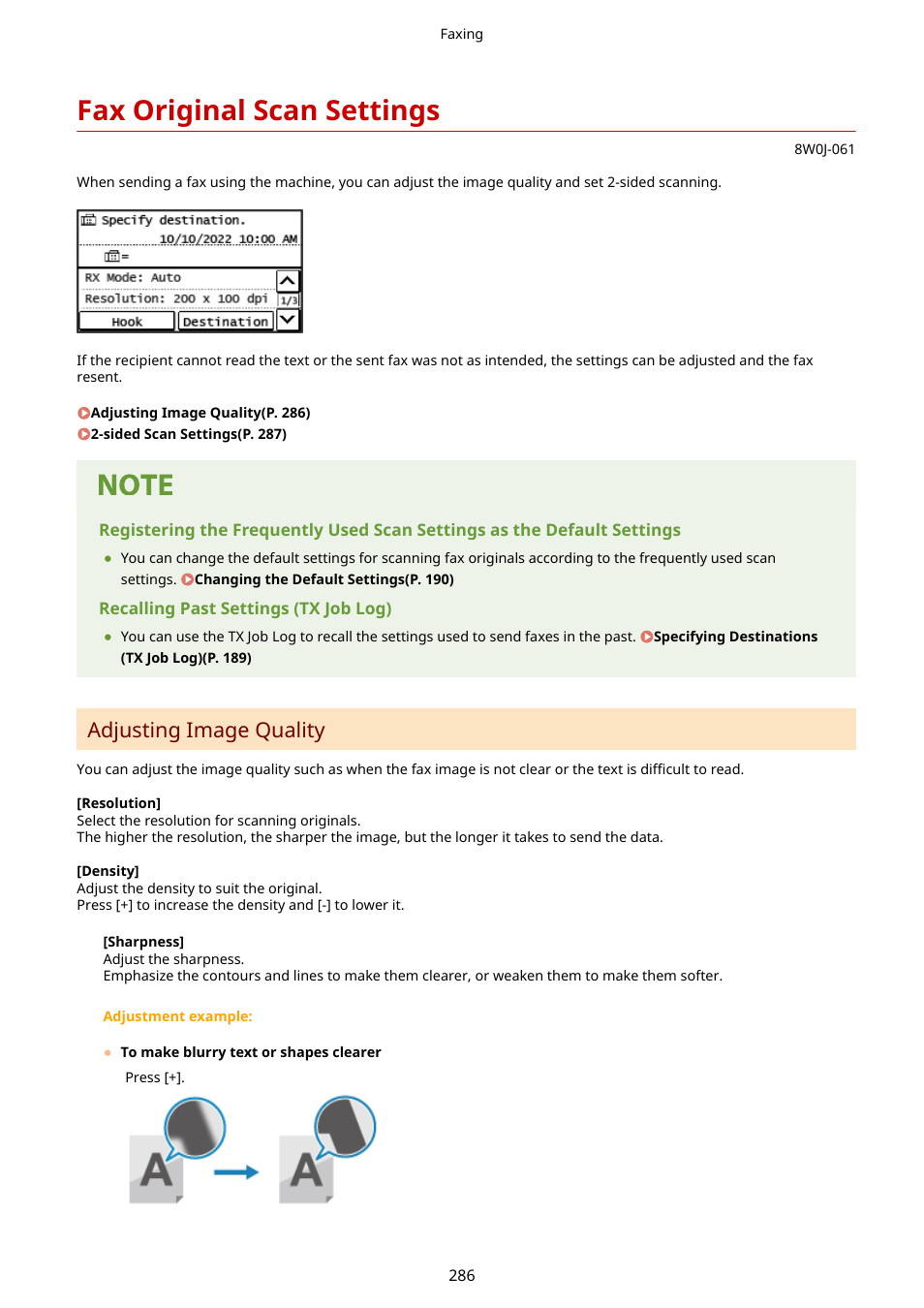 Fax original scan settings, Adjusting image quality | Canon imageCLASS MF264dw II Multifunction Monochrome Laser Printer User Manual | Page 295 / 700
