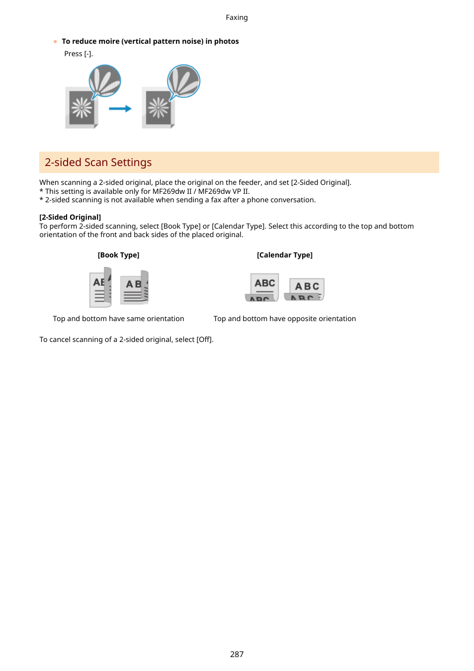 Sided scan settings(p. 287), Sided scan settings | Canon imageCLASS MF264dw II Multifunction Monochrome Laser Printer User Manual | Page 296 / 700