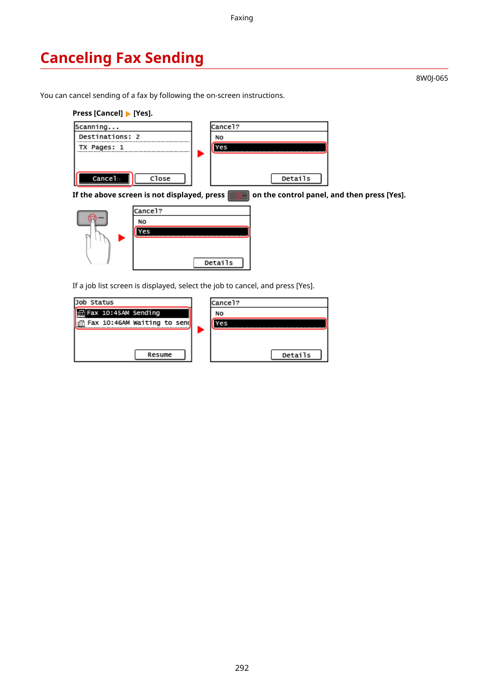 Canceling fax sending, Canceling fax sending(p. 292) | Canon imageCLASS MF264dw II Multifunction Monochrome Laser Printer User Manual | Page 301 / 700