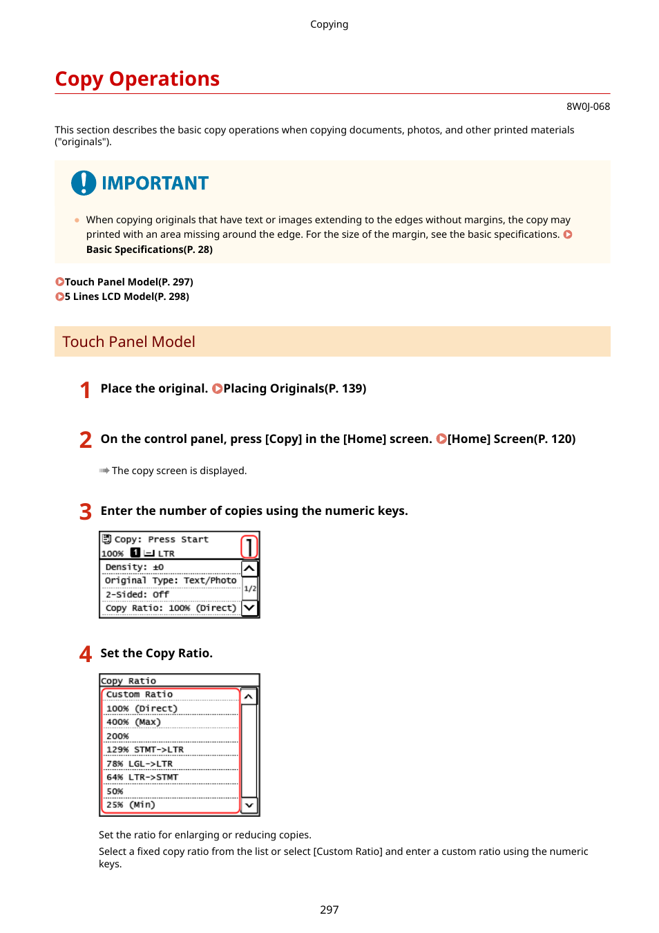 Copy operations, Copy operations(p. 297) | Canon imageCLASS MF264dw II Multifunction Monochrome Laser Printer User Manual | Page 306 / 700