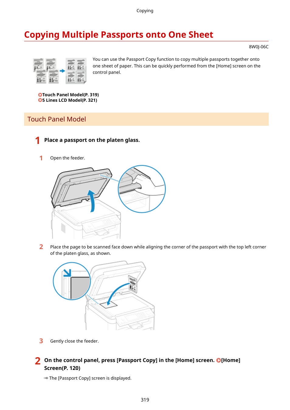 Copying multiple passports onto one sheet, Sheet(p. 319), Copying multiple passports onto one sheet(p. 319) | Canon imageCLASS MF264dw II Multifunction Monochrome Laser Printer User Manual | Page 328 / 700