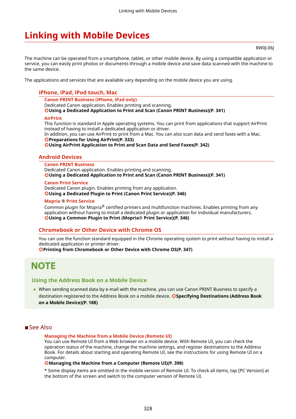 Linking with mobile devices, Linking with mobile devices(p. 328) | Canon imageCLASS MF264dw II Multifunction Monochrome Laser Printer User Manual | Page 337 / 700