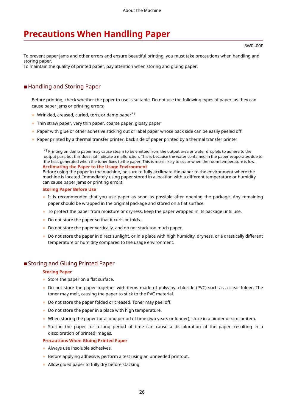 Precautions when handling paper, Handling and storing paper, Storing and gluing printed paper | Canon imageCLASS MF264dw II Multifunction Monochrome Laser Printer User Manual | Page 35 / 700