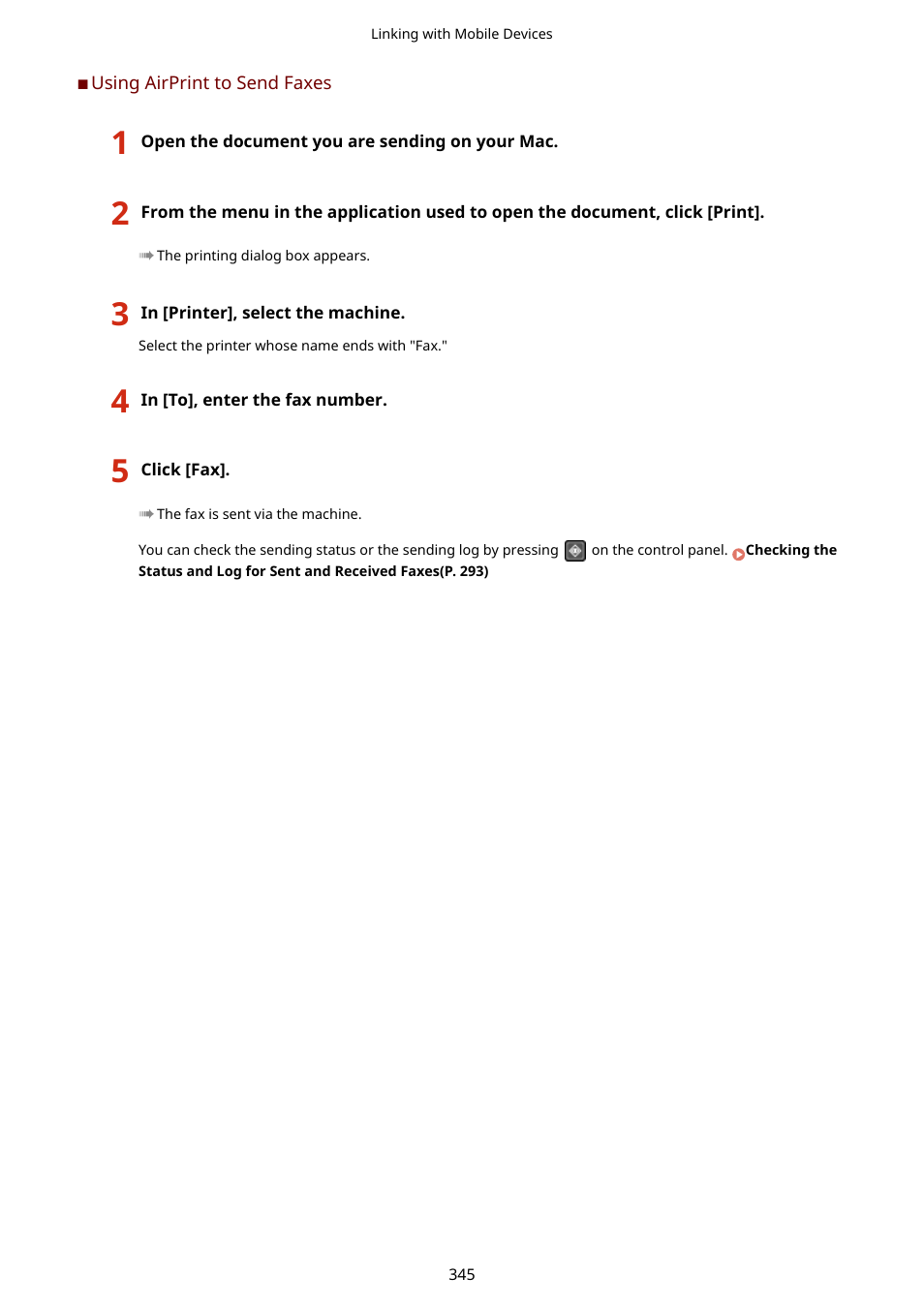 Using airprint to send faxes(p. 345) | Canon imageCLASS MF264dw II Multifunction Monochrome Laser Printer User Manual | Page 354 / 700