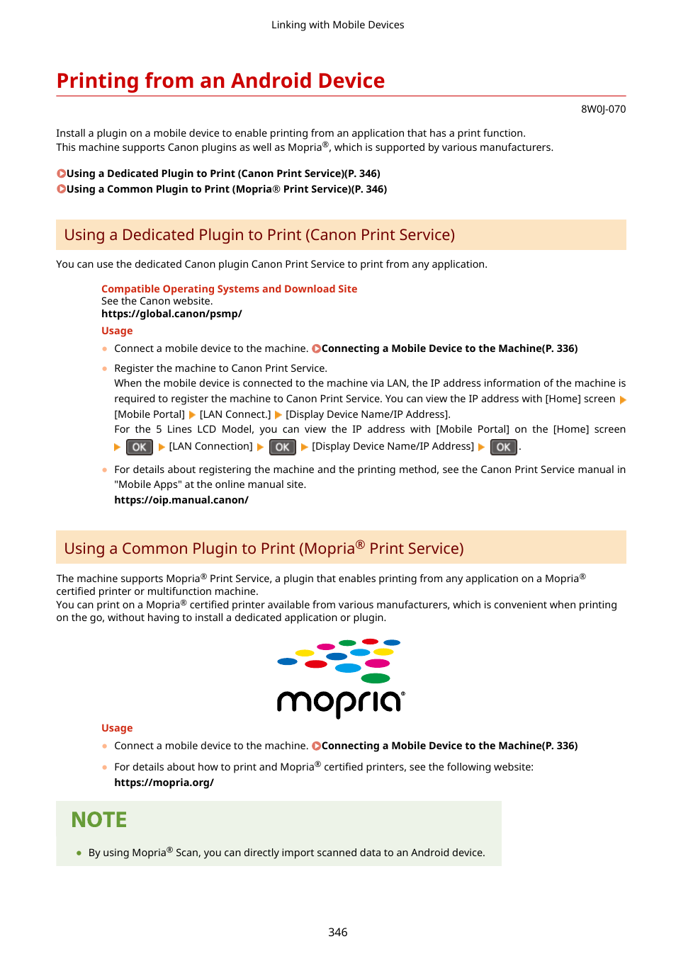 Printing from an android device, Using a common plugin to print (mopria, Print service) | Canon imageCLASS MF264dw II Multifunction Monochrome Laser Printer User Manual | Page 355 / 700
