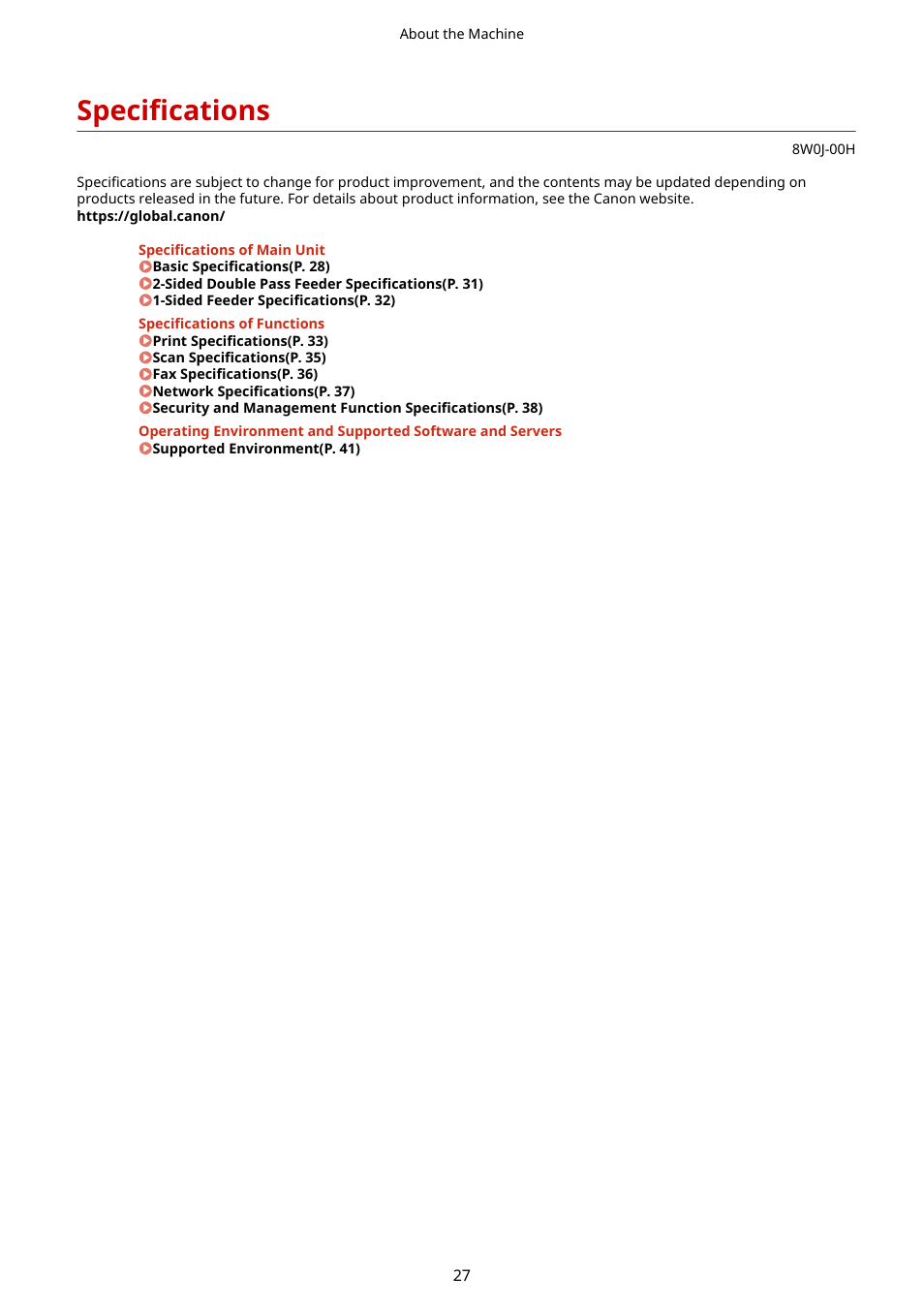 Specifications, Specifications(p. 27) | Canon imageCLASS MF264dw II Multifunction Monochrome Laser Printer User Manual | Page 36 / 700