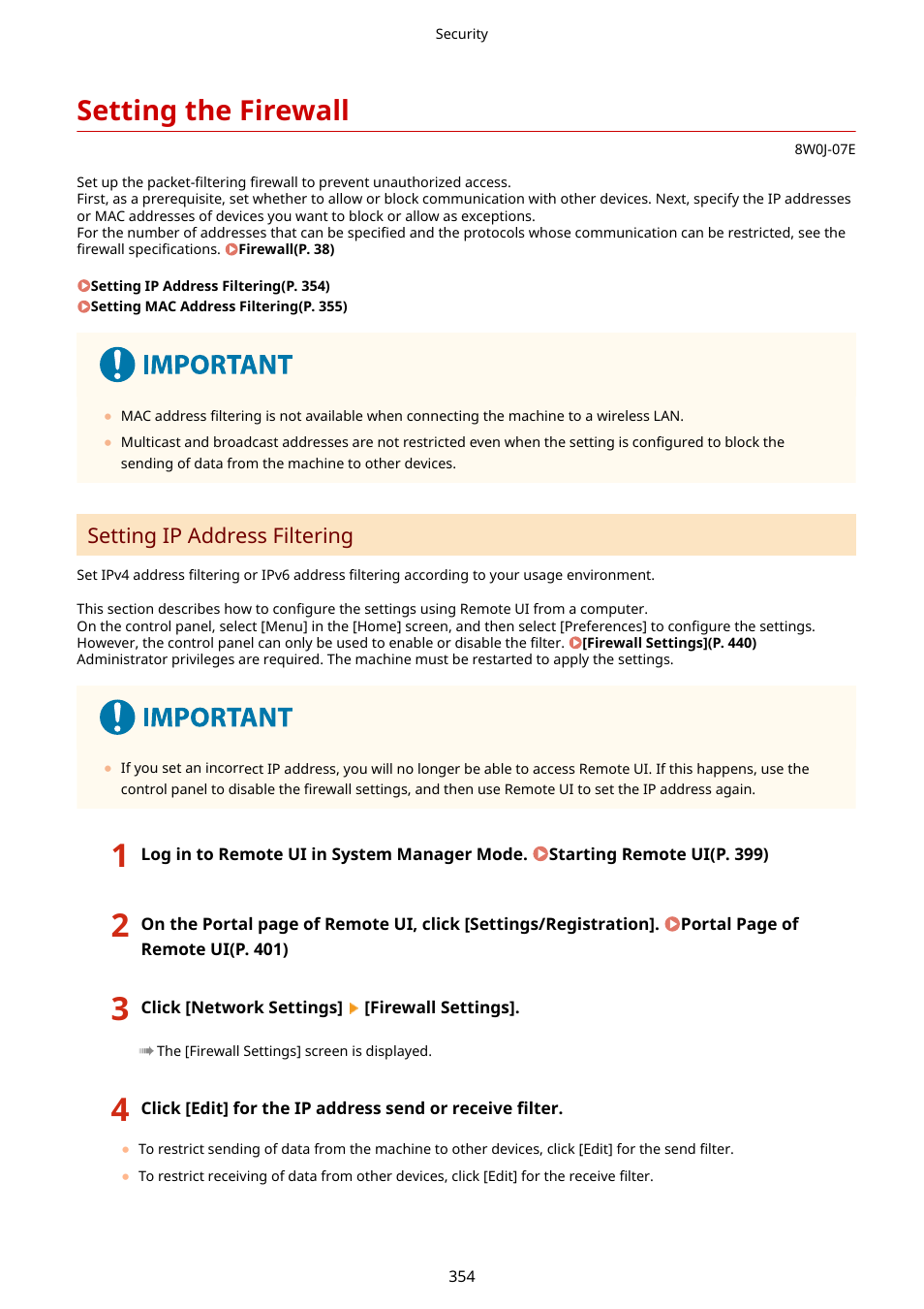 Setting the firewall, Setting the firewall(p. 354), Setting ip address filtering | Canon imageCLASS MF264dw II Multifunction Monochrome Laser Printer User Manual | Page 363 / 700