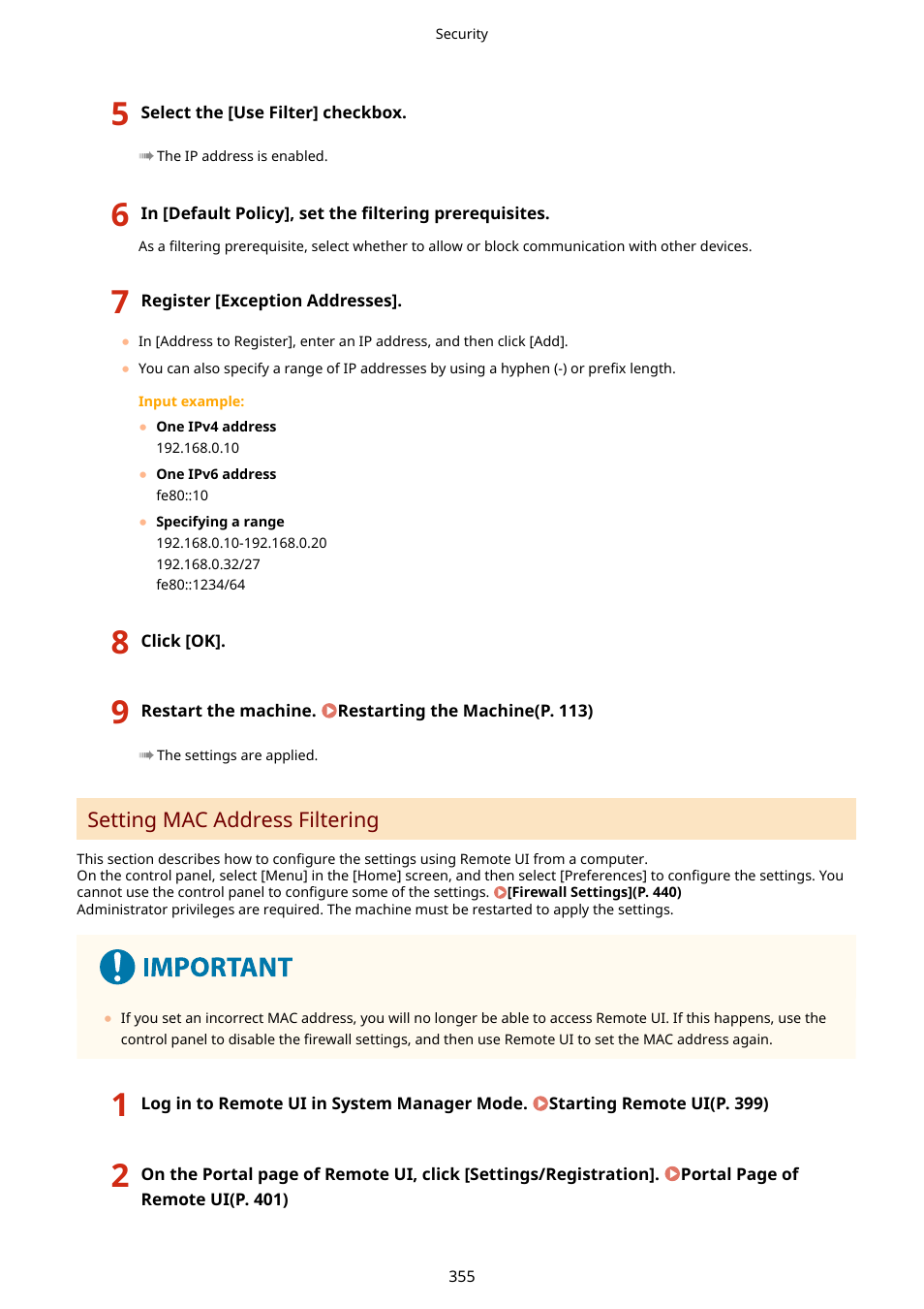 Setting mac address filtering(p. 355) | Canon imageCLASS MF264dw II Multifunction Monochrome Laser Printer User Manual | Page 364 / 700