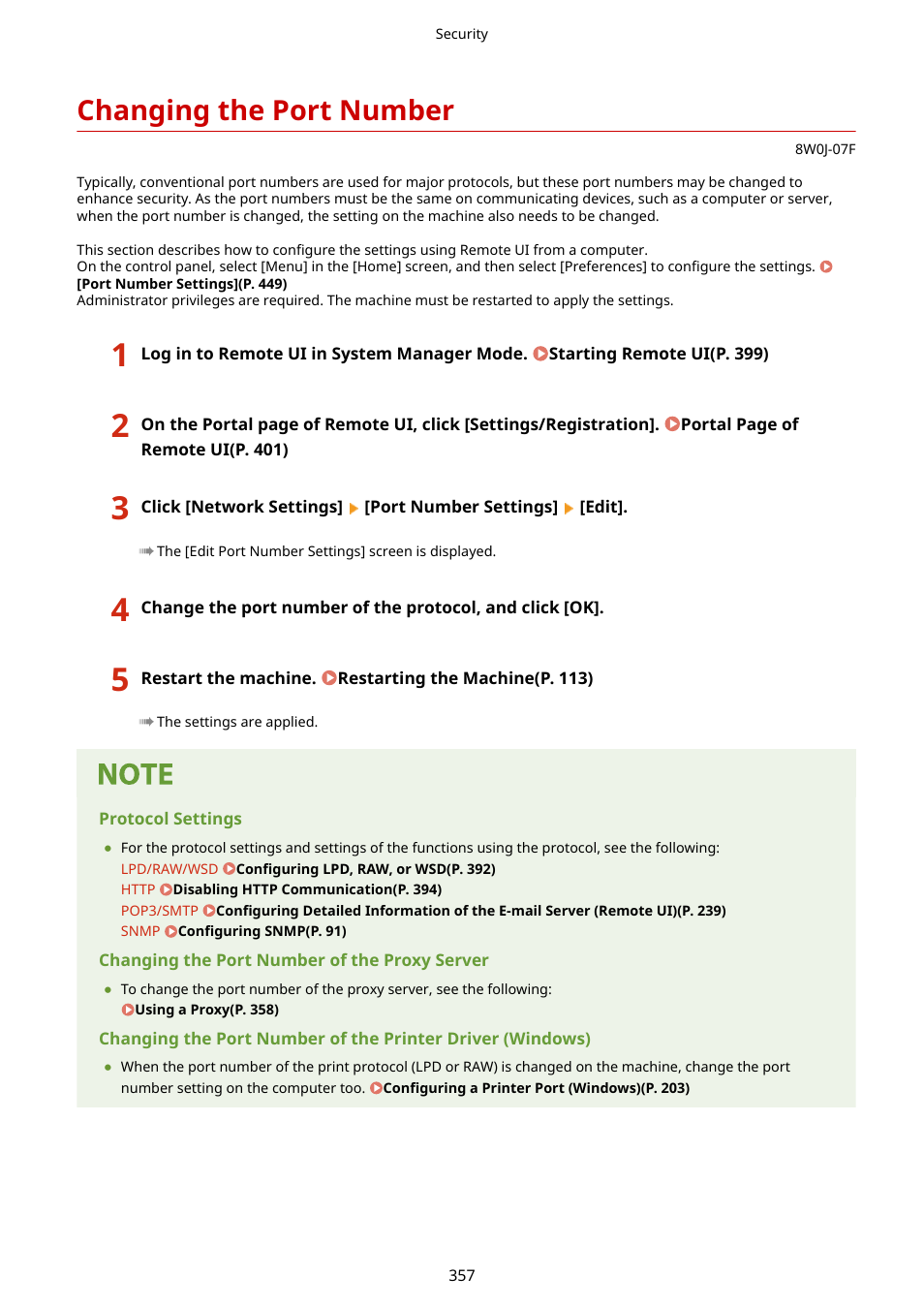 Changing the port number, The port number(p. 357), Changing the port number(p. 357) | Canon imageCLASS MF264dw II Multifunction Monochrome Laser Printer User Manual | Page 366 / 700