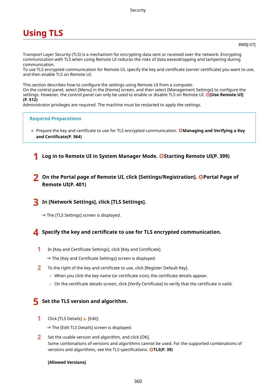 Using tls, Snmpv3, you must enable tls. using tls(p. 360), Communication. using tls(p. 360) | Using tls(p. 360) | Canon imageCLASS MF264dw II Multifunction Monochrome Laser Printer User Manual | Page 369 / 700