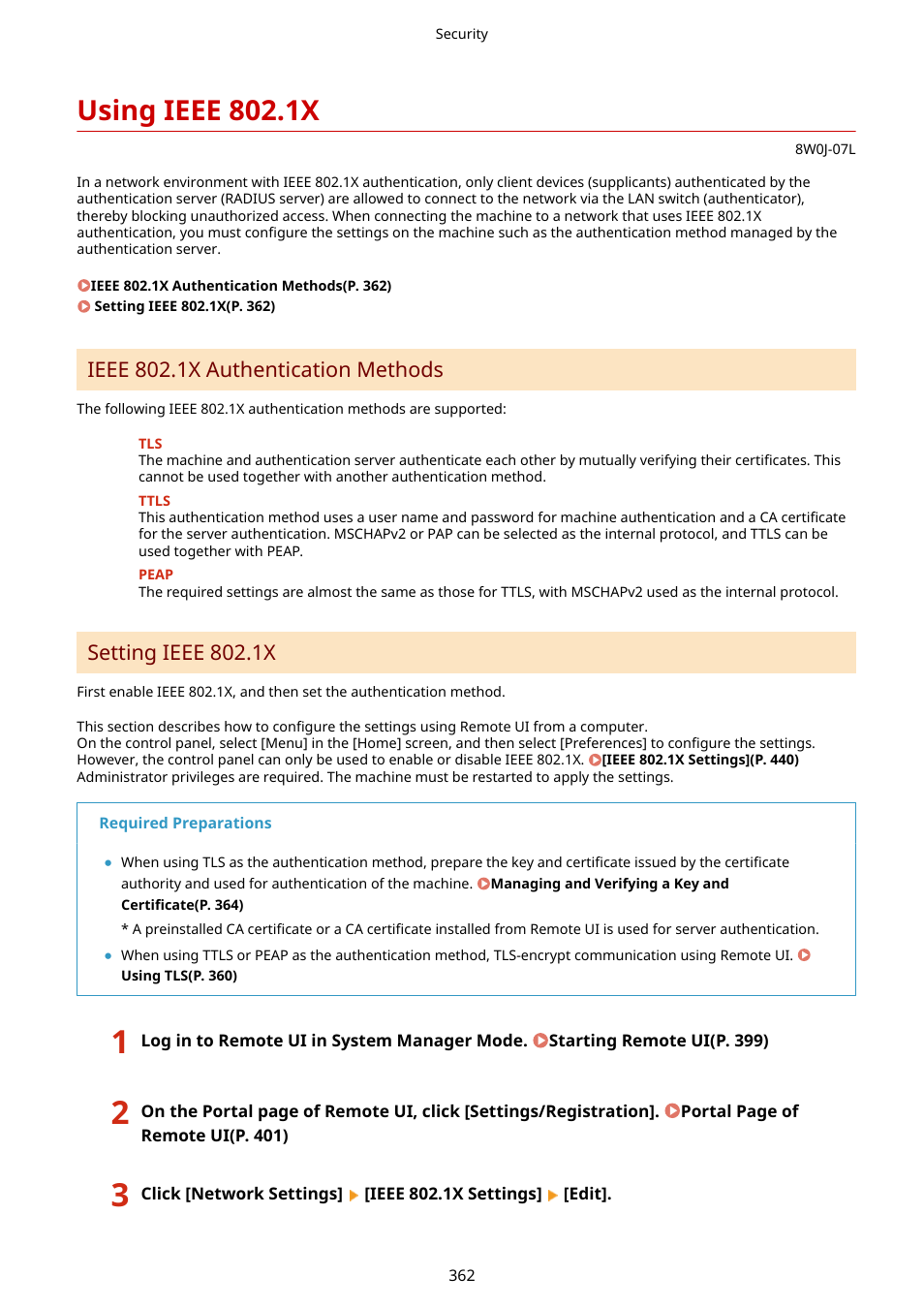 Using ieee 802.1x, Using ieee 802.1x(p. 362), Ieee 802.1x authentication methods | Setting ieee 802.1x | Canon imageCLASS MF264dw II Multifunction Monochrome Laser Printer User Manual | Page 371 / 700