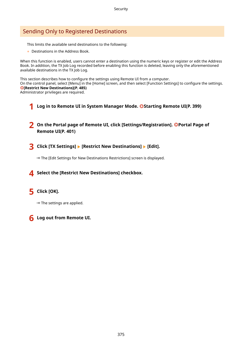 Sending only to registered destinations(p. 375) | Canon imageCLASS MF264dw II Multifunction Monochrome Laser Printer User Manual | Page 384 / 700
