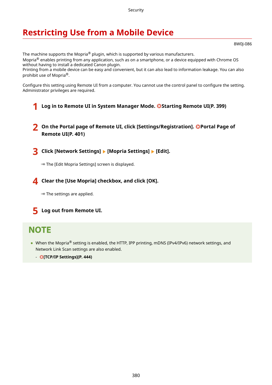 Restricting use from a mobile device, Restricting use from a mobile device(p. 380) | Canon imageCLASS MF264dw II Multifunction Monochrome Laser Printer User Manual | Page 389 / 700