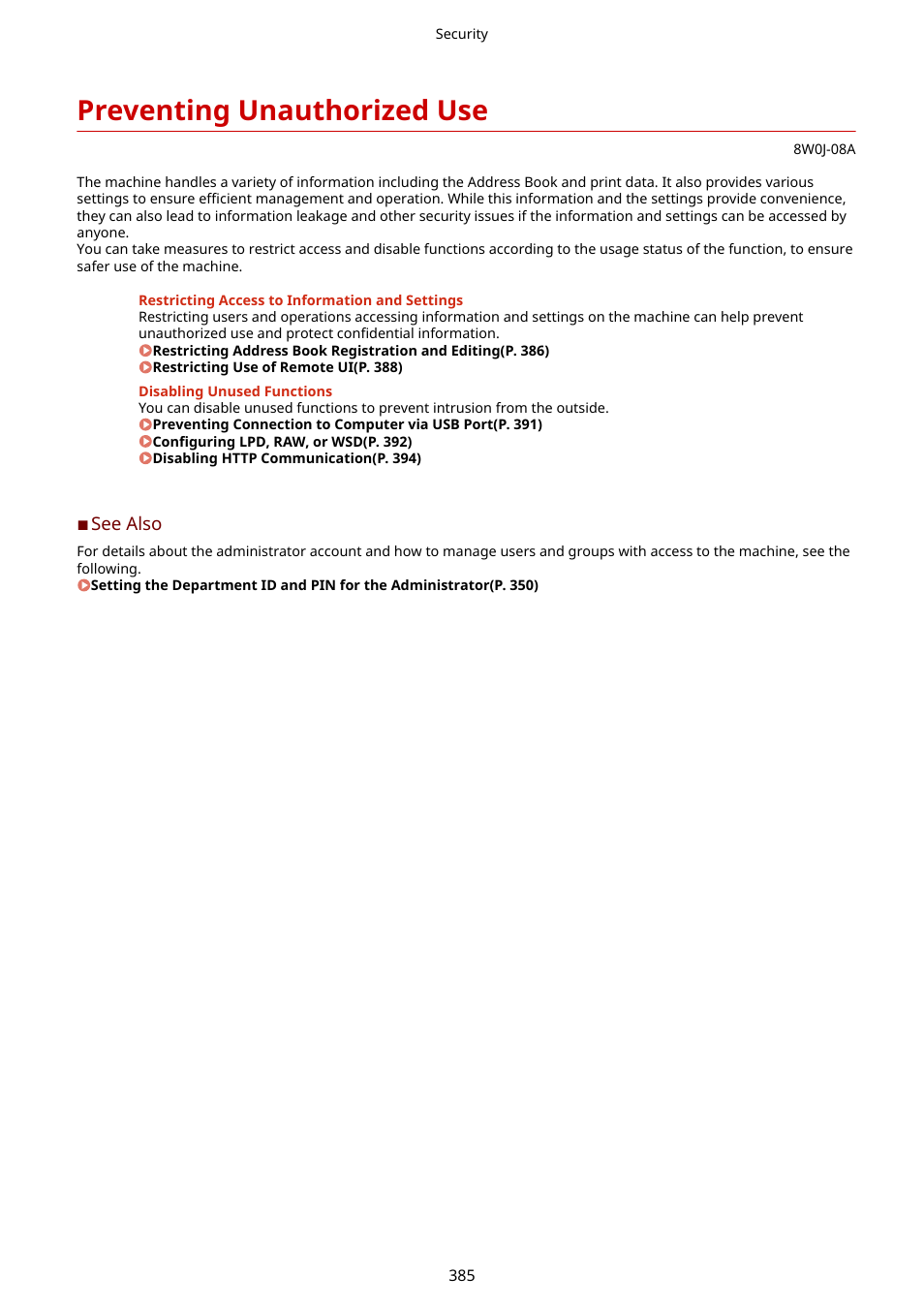 Preventing unauthorized use, Preventing unauthorized use(p. 385) | Canon imageCLASS MF264dw II Multifunction Monochrome Laser Printer User Manual | Page 394 / 700