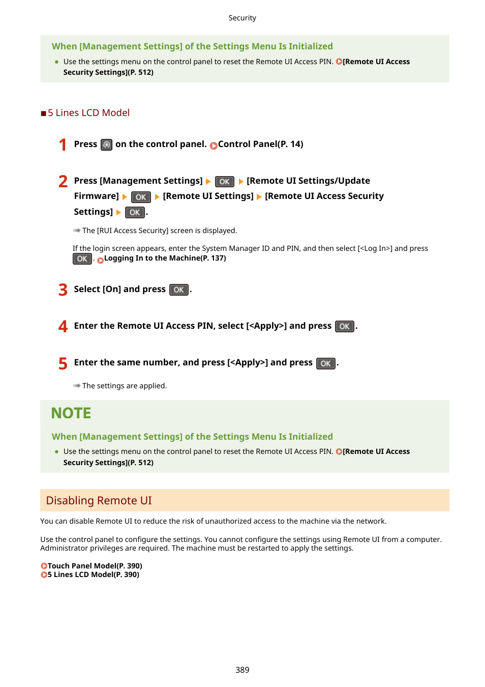 Disabling remote ui(p. 389), 5 lines lcd model(p. 389) | Canon imageCLASS MF264dw II Multifunction Monochrome Laser Printer User Manual | Page 398 / 700