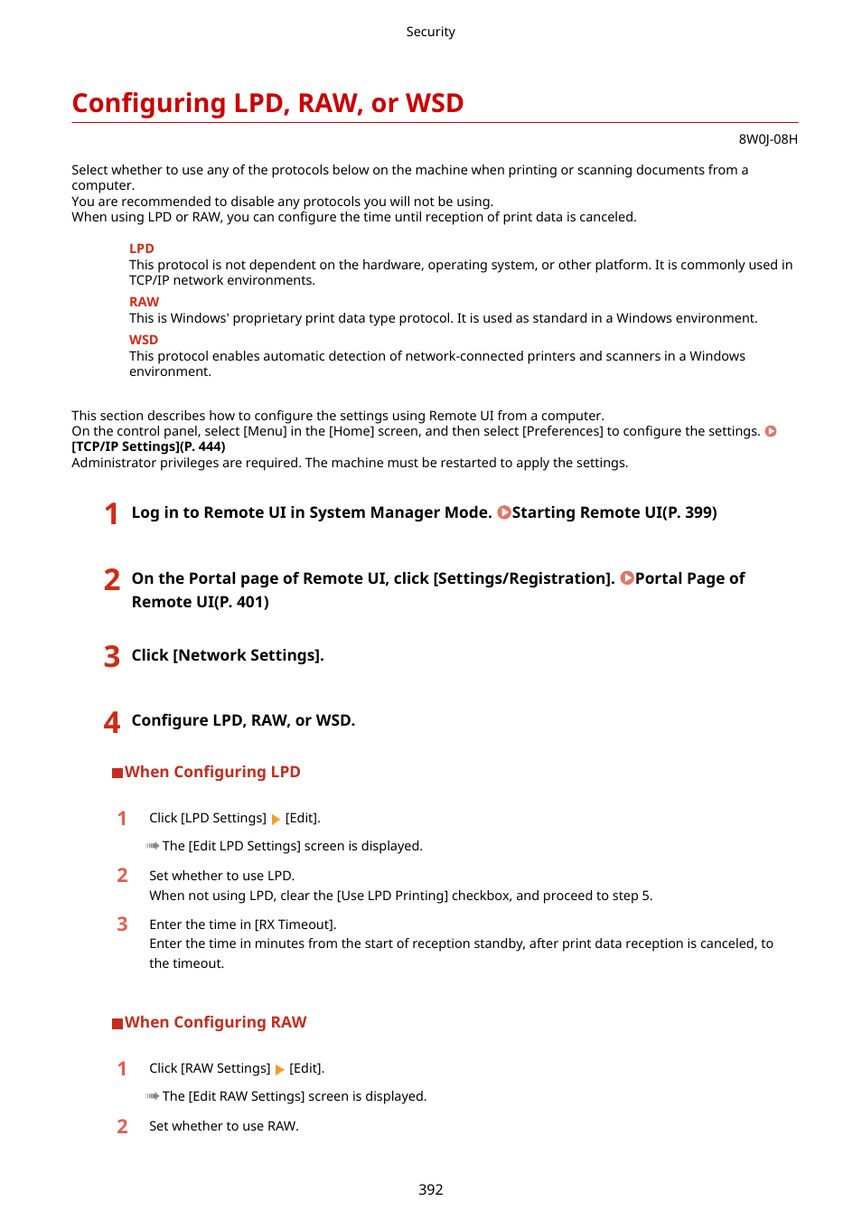 Configuring lpd, raw, or wsd, W/wsd, Configuring lpd, raw, or wsd(p. 392) | Canon imageCLASS MF264dw II Multifunction Monochrome Laser Printer User Manual | Page 401 / 700