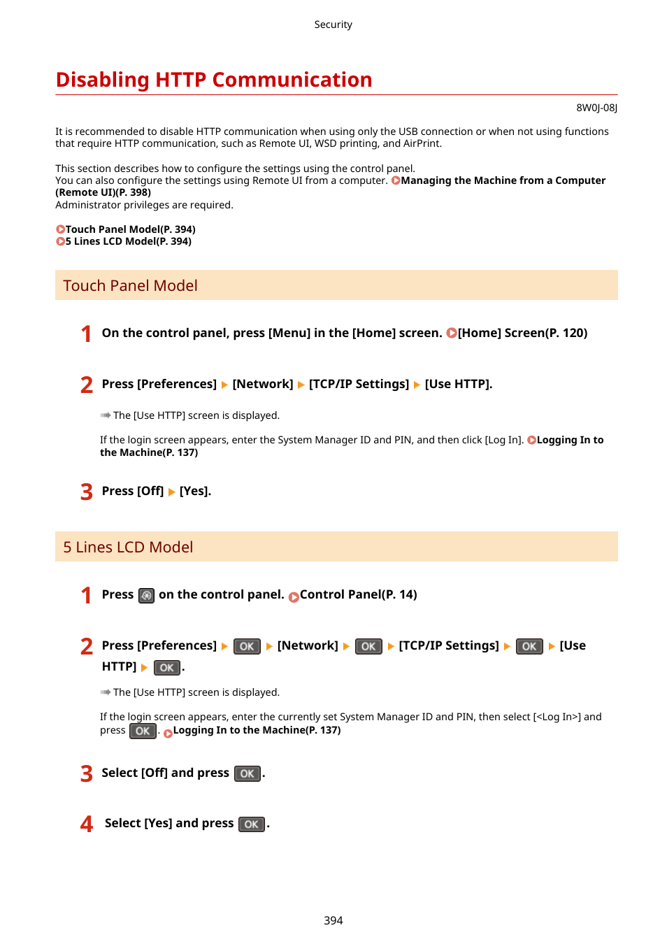 Disabling http communication, Disabling http communication(p. 394) | Canon imageCLASS MF264dw II Multifunction Monochrome Laser Printer User Manual | Page 403 / 700