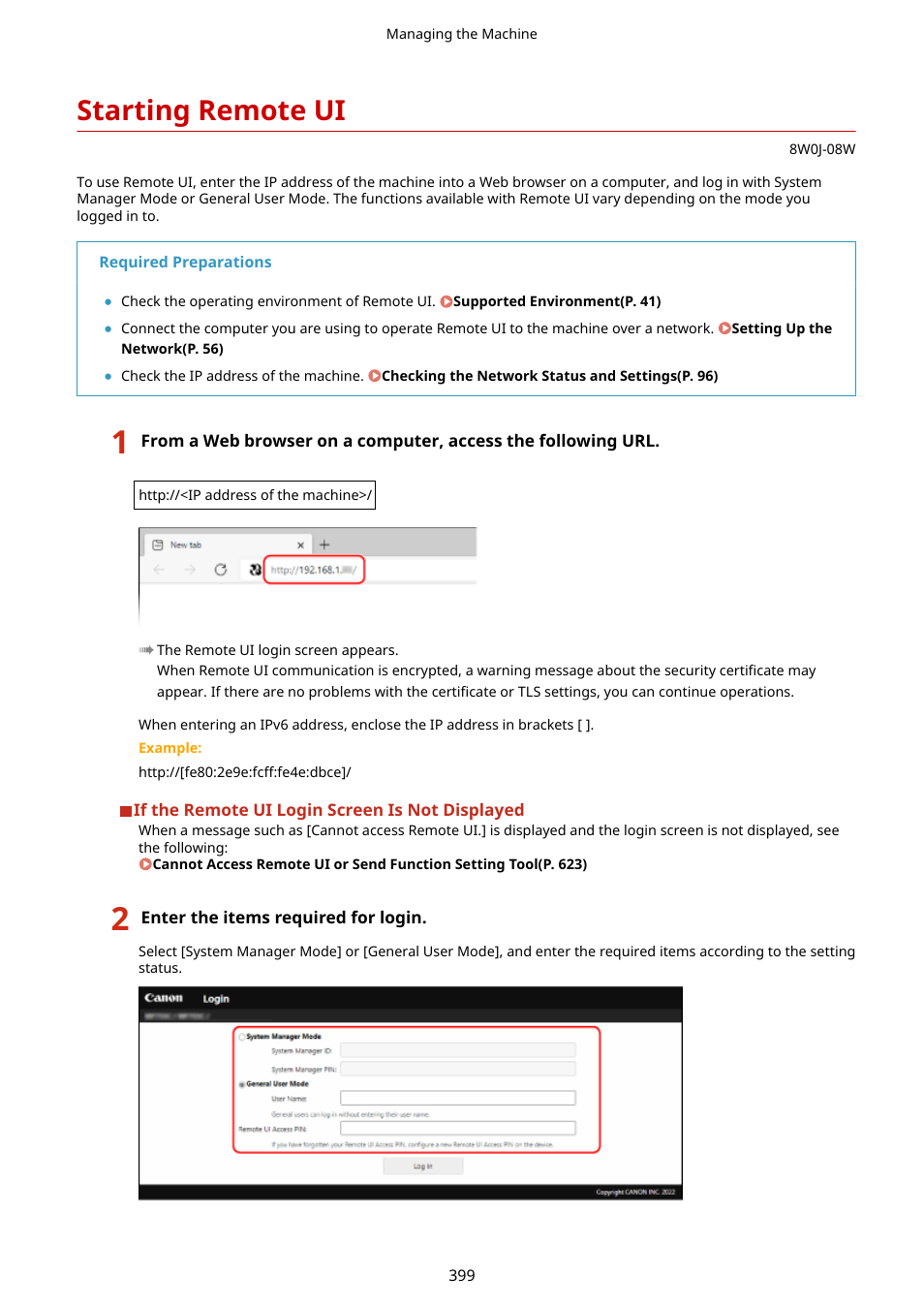 Starting remote ui, Log in to remote ui. starting remote ui(p. 399), Starting remote ui(p. 399) | Canon imageCLASS MF264dw II Multifunction Monochrome Laser Printer User Manual | Page 408 / 700