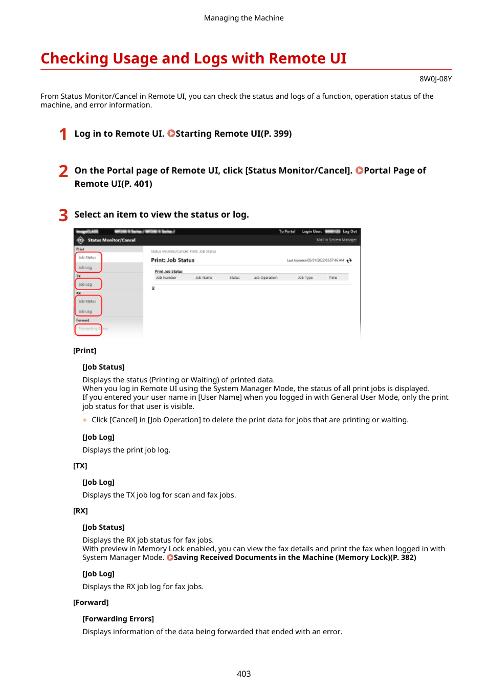 Checking usage and logs with remote ui, Checking usage and logs with remote, Ui(p. 403) | Checking usage and logs with remote ui(p. 403), Vice information] of remote ui, Or information | Canon imageCLASS MF264dw II Multifunction Monochrome Laser Printer User Manual | Page 412 / 700