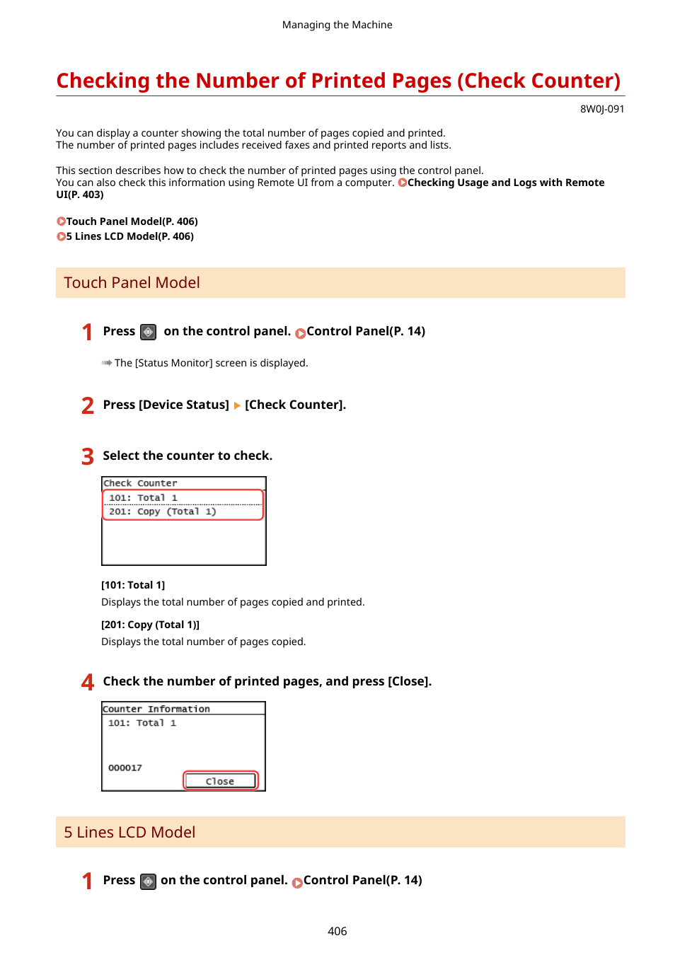 Counter)(p. 406), Check counter)(p. 406) | Canon imageCLASS MF264dw II Multifunction Monochrome Laser Printer User Manual | Page 415 / 700