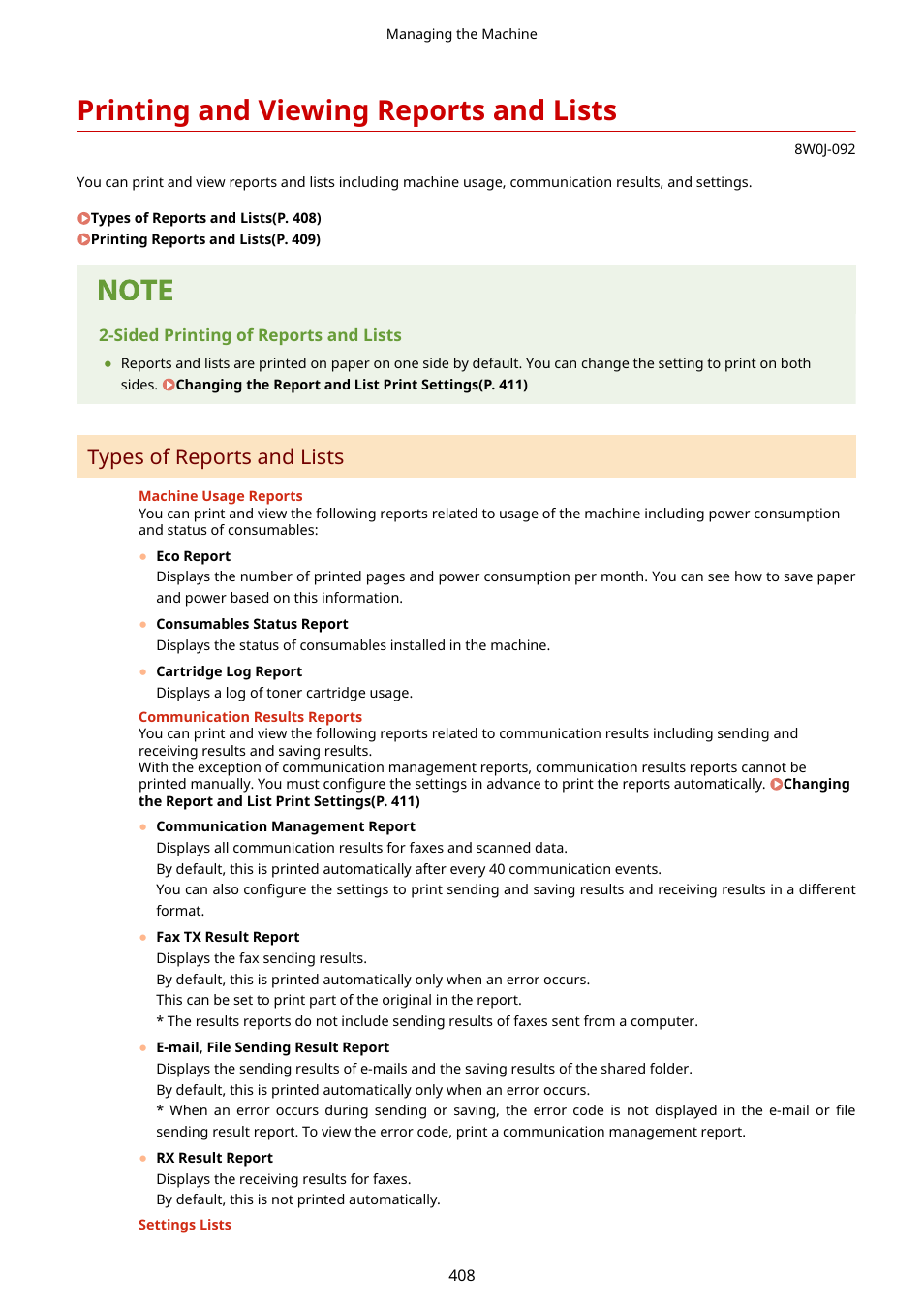 Printing and viewing reports and lists, Printing and viewing reports and lists(p. 408), Types of reports and lists | Canon imageCLASS MF264dw II Multifunction Monochrome Laser Printer User Manual | Page 417 / 700