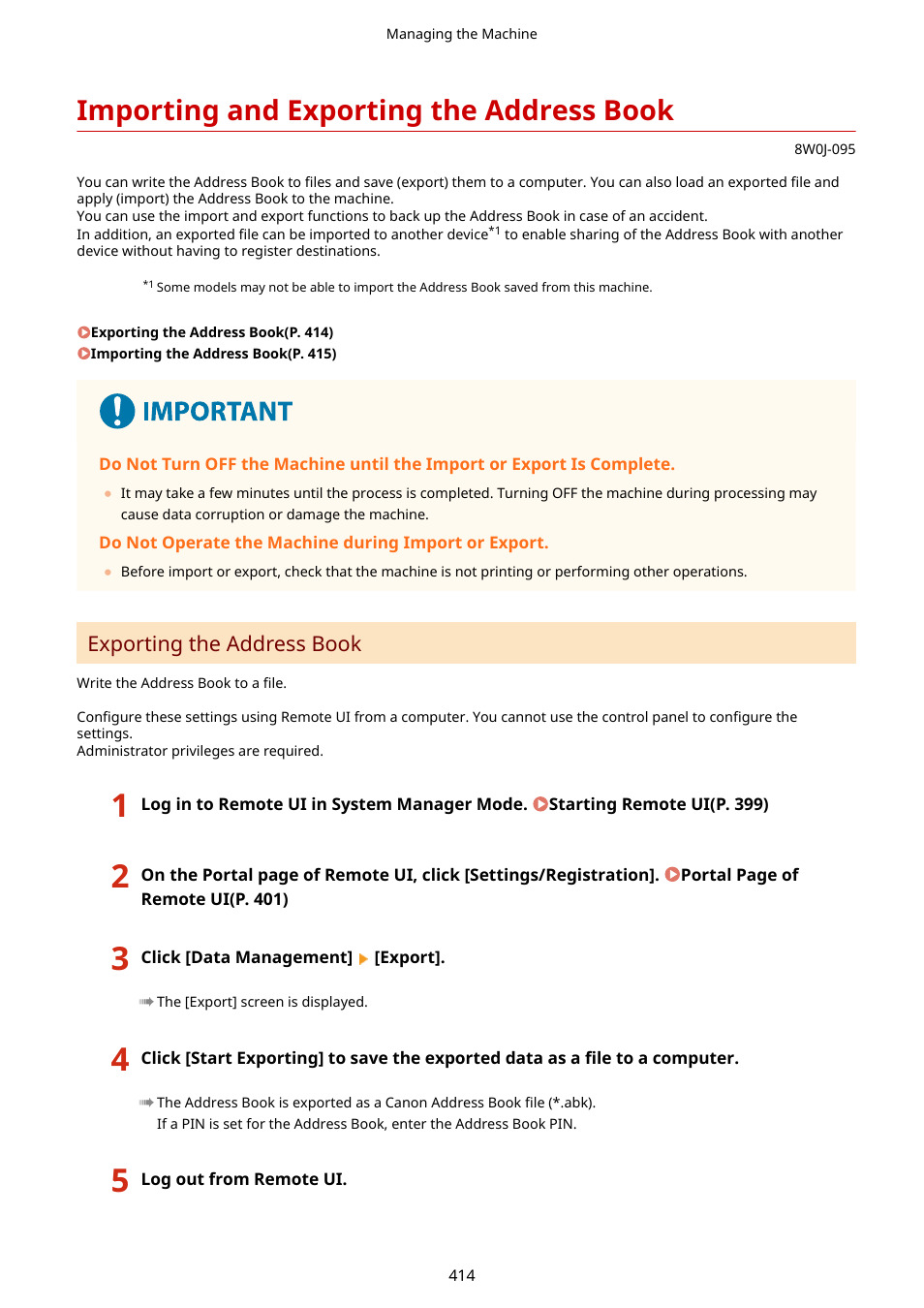 Importing and exporting the address book, Importing and exporting the address book(p. 414), Exporting the address book | Canon imageCLASS MF264dw II Multifunction Monochrome Laser Printer User Manual | Page 423 / 700