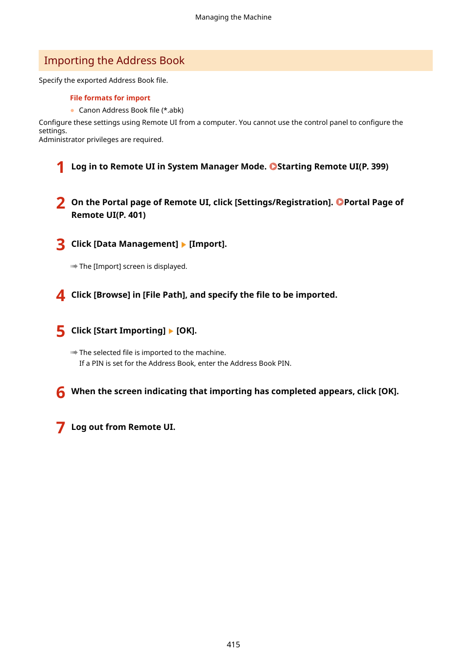 Importing the address book(p. 415) | Canon imageCLASS MF264dw II Multifunction Monochrome Laser Printer User Manual | Page 424 / 700