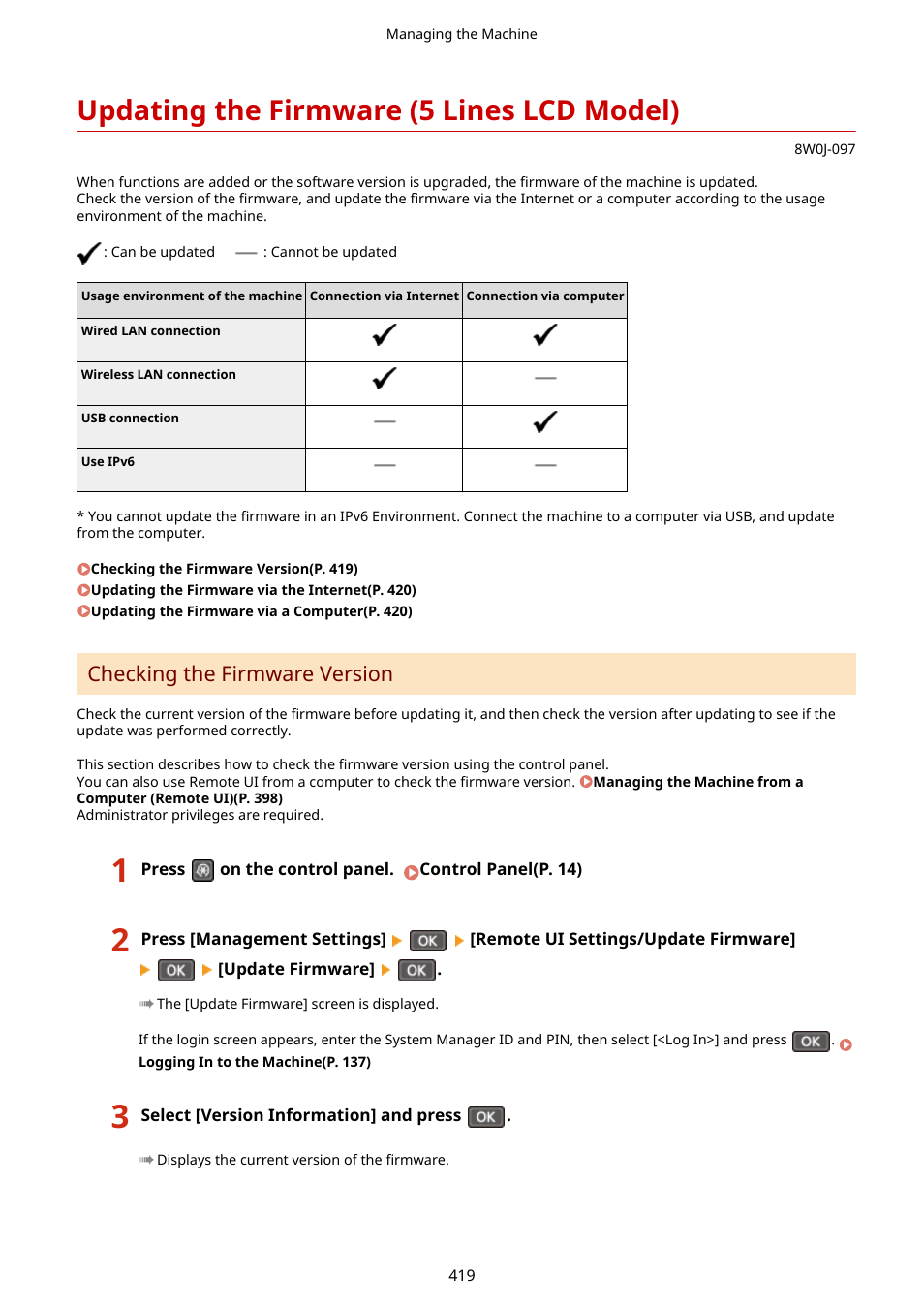 Updating the firmware (5 lines lcd model), Updating the firmware (5 lines lcd model)(p. 419), Checking the firmware version | Canon imageCLASS MF264dw II Multifunction Monochrome Laser Printer User Manual | Page 428 / 700