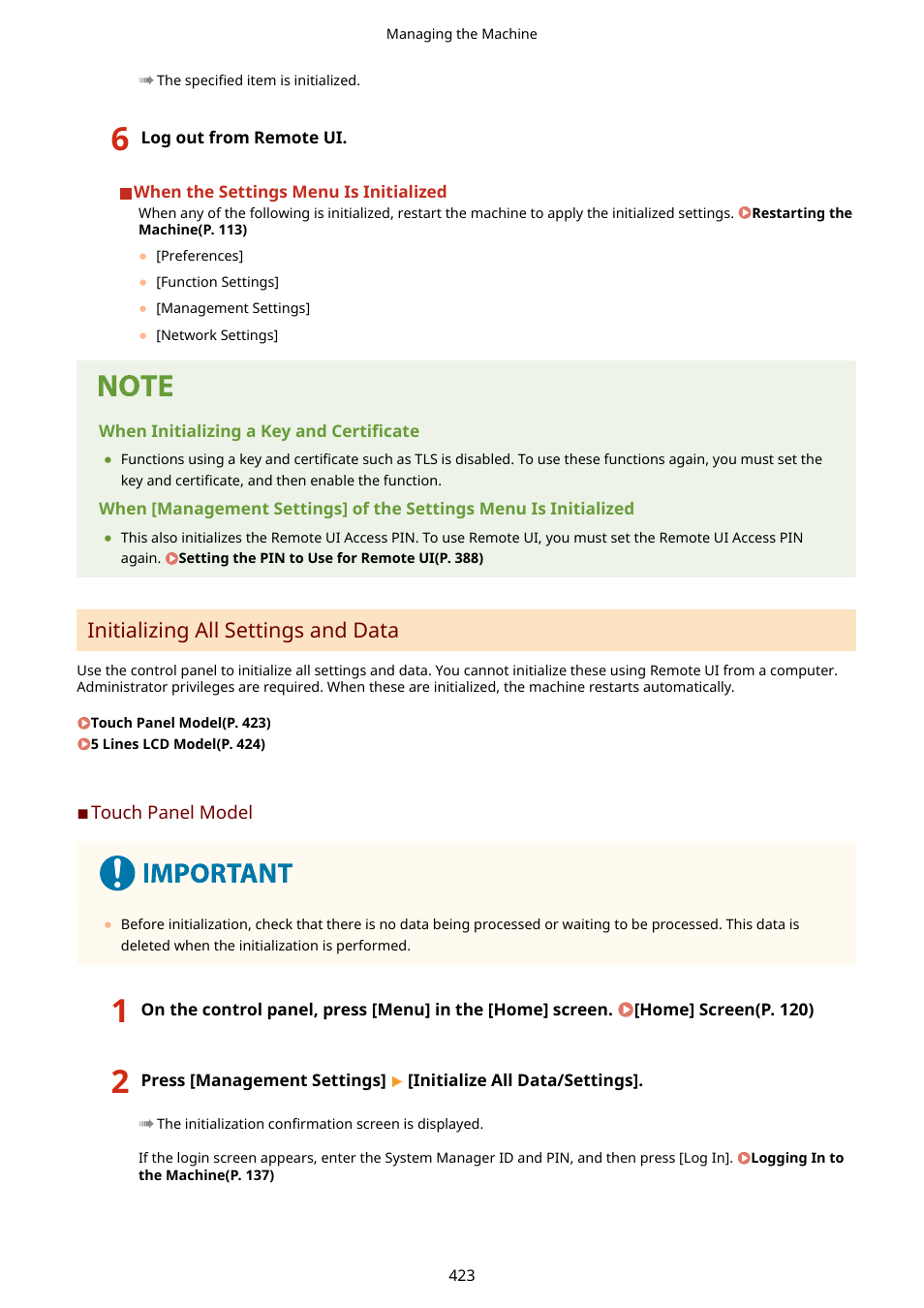 Initializing all settings and data(p. 423), Initializing all settings and data | Canon imageCLASS MF264dw II Multifunction Monochrome Laser Printer User Manual | Page 432 / 700