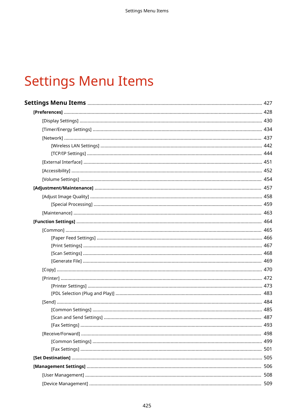 Settings menu items | Canon imageCLASS MF264dw II Multifunction Monochrome Laser Printer User Manual | Page 434 / 700
