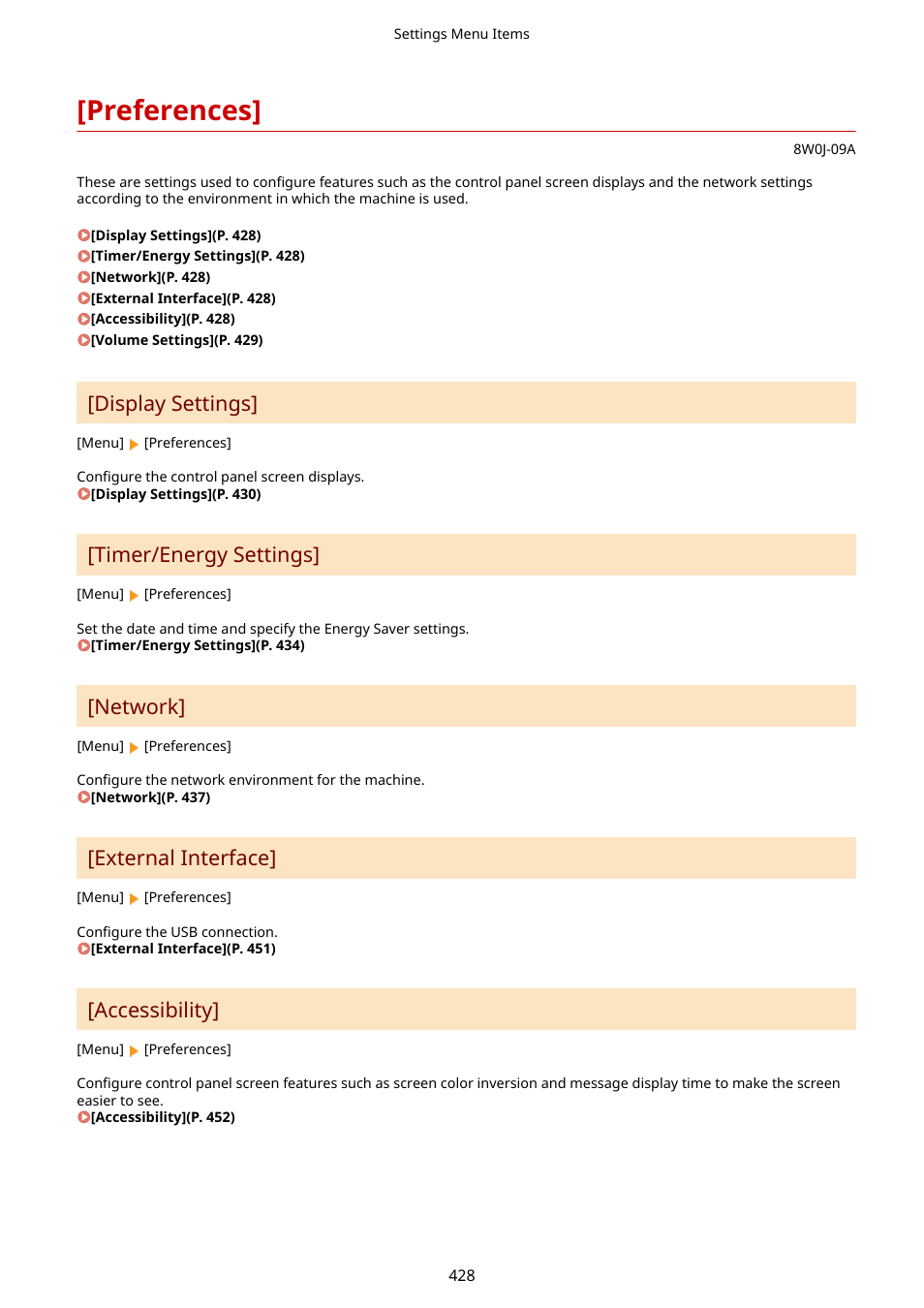 Preferences, Preferences](p. 428), Display settings | Timer/energy settings, Network, External interface, Accessibility | Canon imageCLASS MF264dw II Multifunction Monochrome Laser Printer User Manual | Page 437 / 700