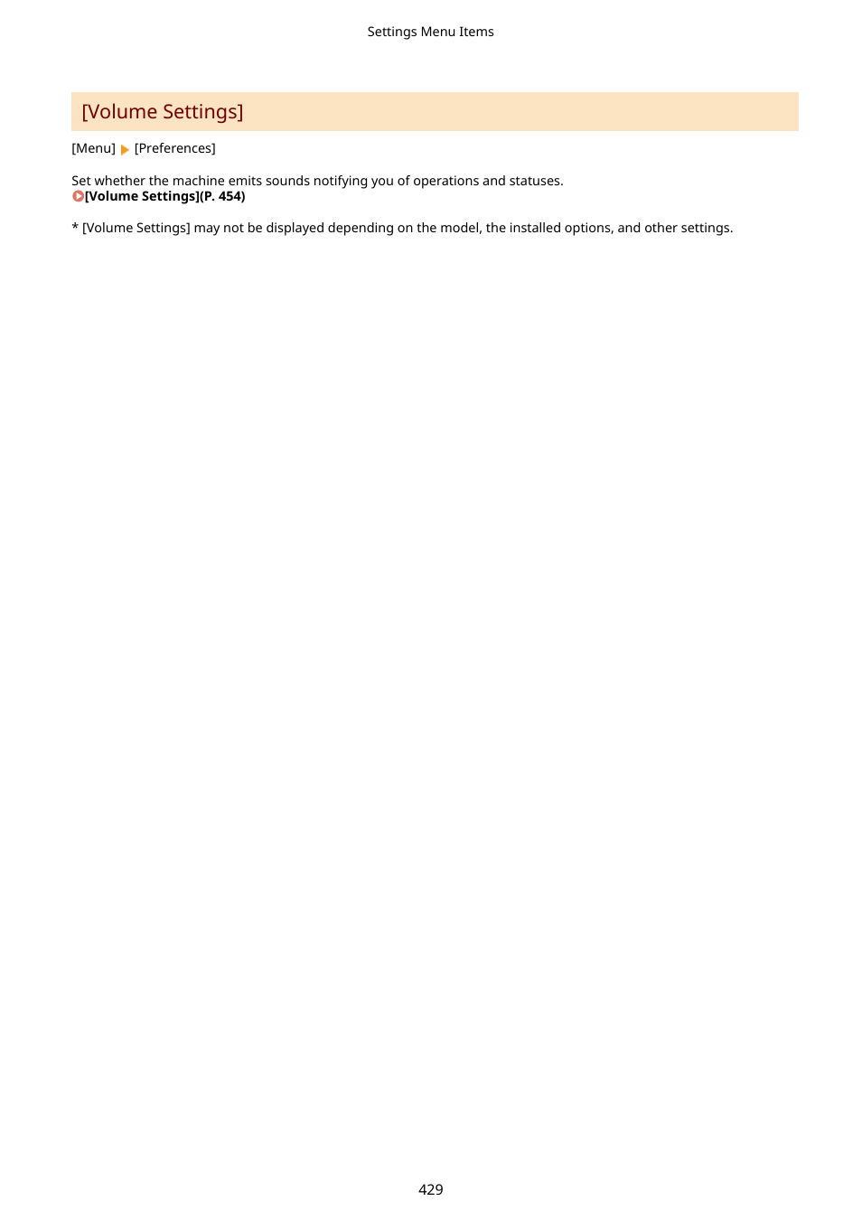Volume settings](p. 429), Volume settings | Canon imageCLASS MF264dw II Multifunction Monochrome Laser Printer User Manual | Page 438 / 700