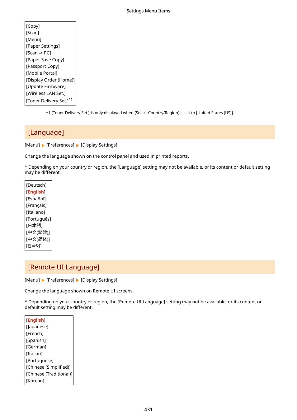 Language](p. 431) [remote ui language](p. 431), Language, Remote ui language | Canon imageCLASS MF264dw II Multifunction Monochrome Laser Printer User Manual | Page 440 / 700